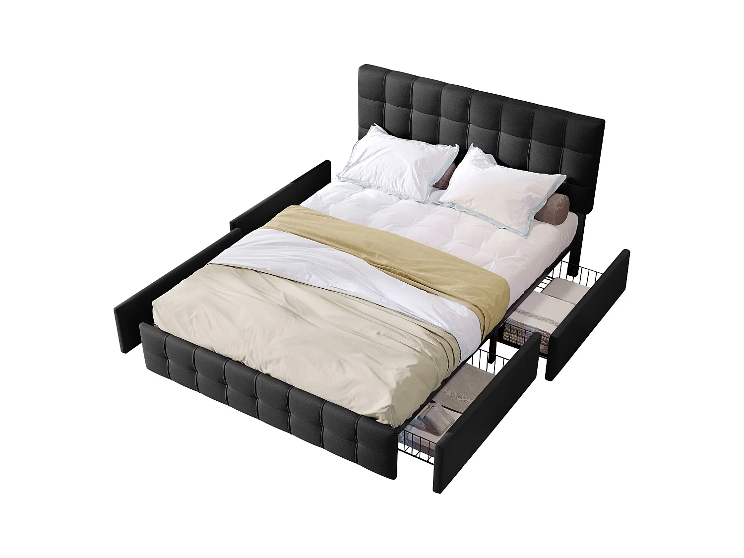 Cama de casal 140x200 cm com 4 gavetas, cabeceira regulável, estrutura em linho preto (sem colchão)