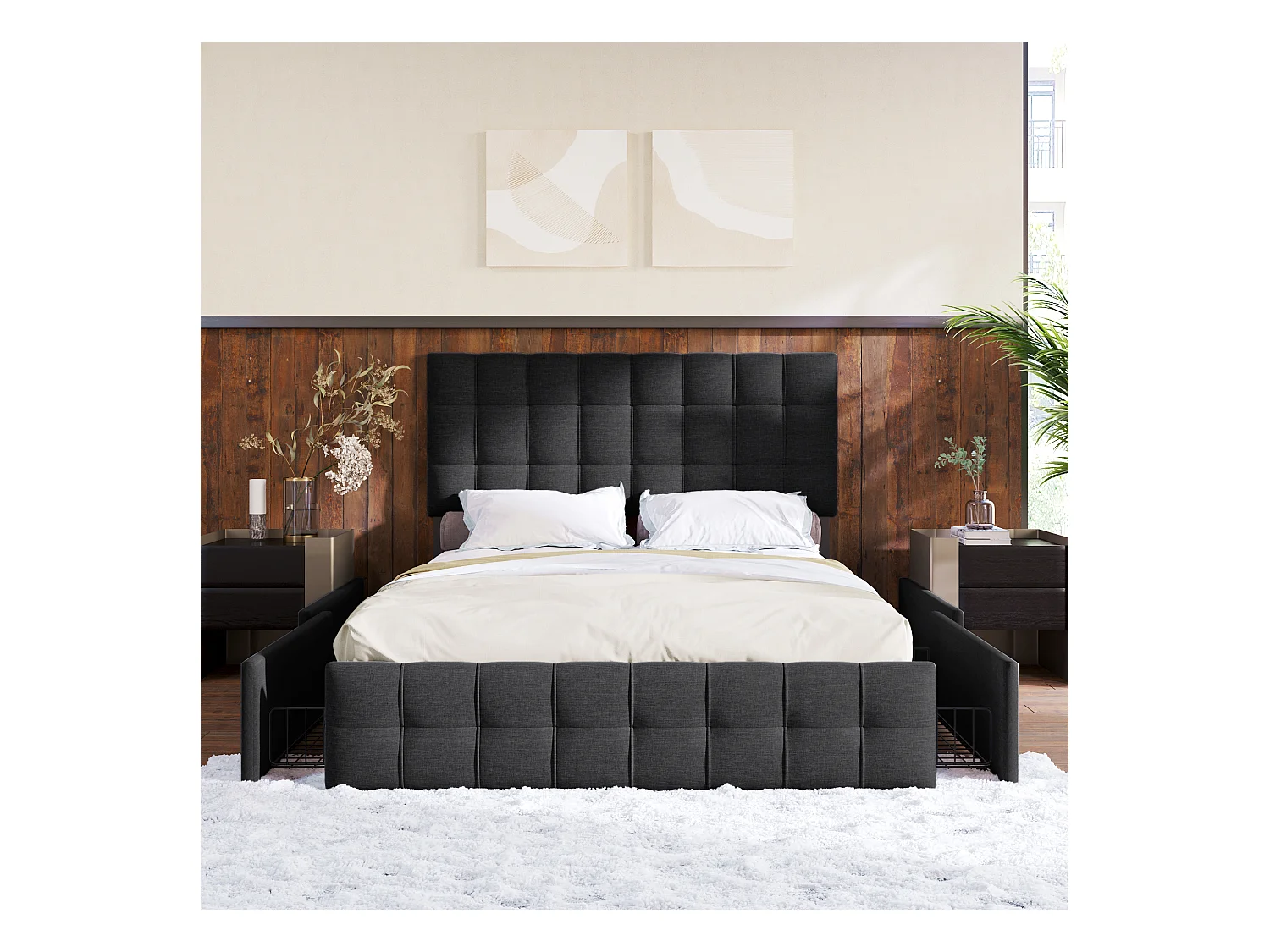 Lit adulte 140x200 cm avec 4 tiroirs, tête de lit réglable, tissu en lin noir(sans matelas)