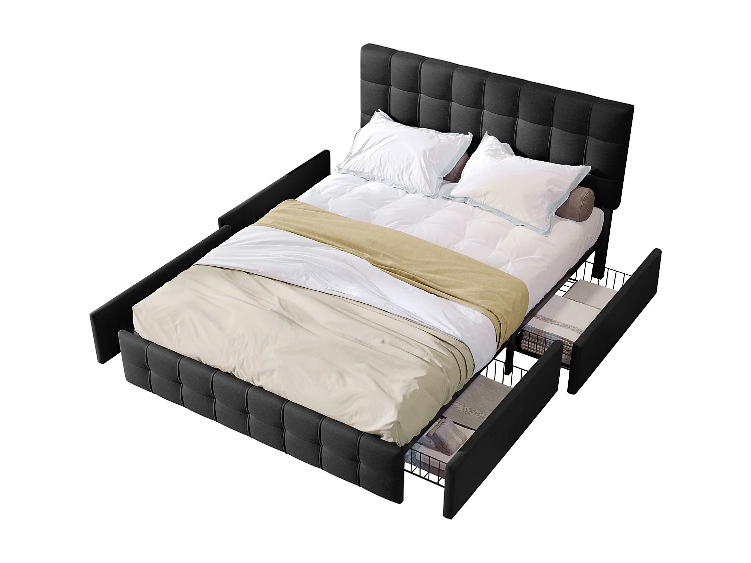 Tweepersoonsbed 140x200 cm met 4 lades, verstelbare hoofdbord, frame van zwart linnen (zonder matras)