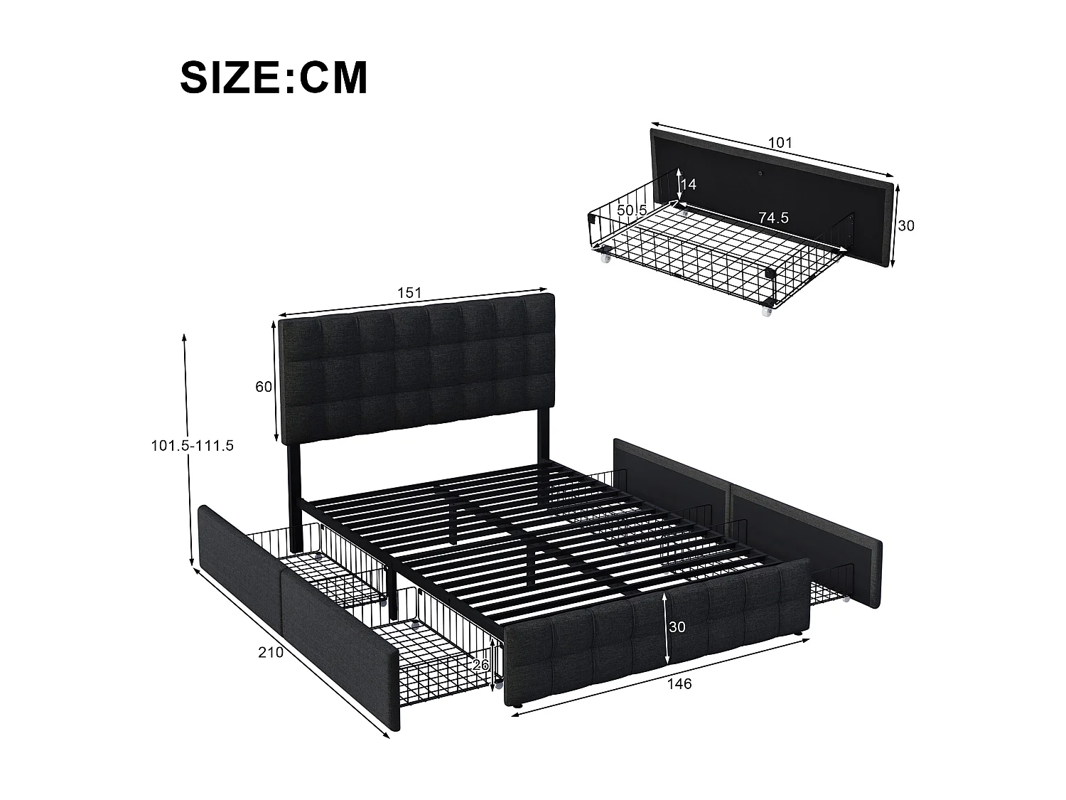 Tweepersoonsbed 140x200 cm met 4 lades, verstelbare hoofdbord, frame van zwart linnen (zonder matras)