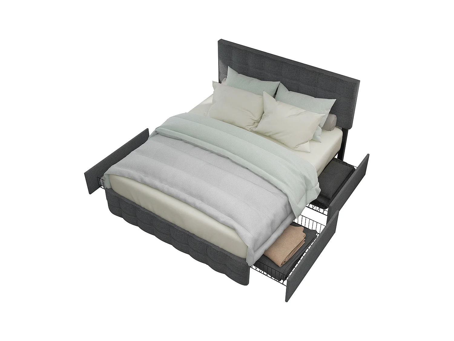 Lit adulte 140x200 cm avec 4 tiroirs, tête de lit réglable, cadre en lin gris(sans matelas)