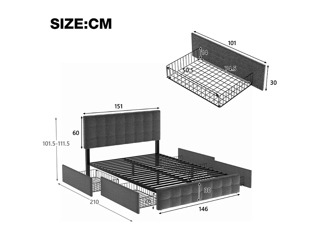 Cama de casal 140x200 cm com 4 gavetas, cabeceira ajustável, estrutura em linho cinza (sem colchão)
