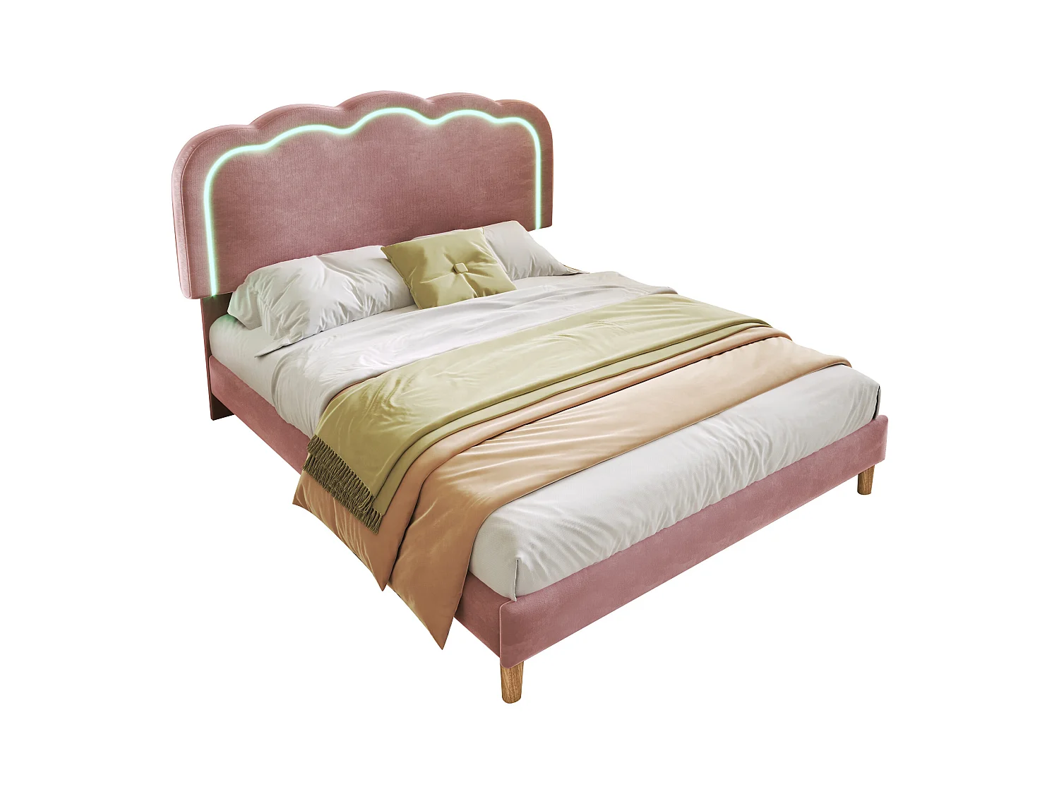 Verlicht tweepersoonsbed 140x200 cm in roze fluweel – Verstelbaar LED-hoofdbord – Voor tienerkamer of logeerkamer (zonder matras)