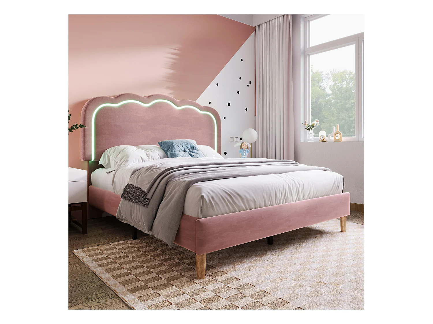 Lit enfant lumineux 140x200 cm rose velours - Tête de lit réglable LED - Pour chambre d'ado ou guest room (sans matelas)