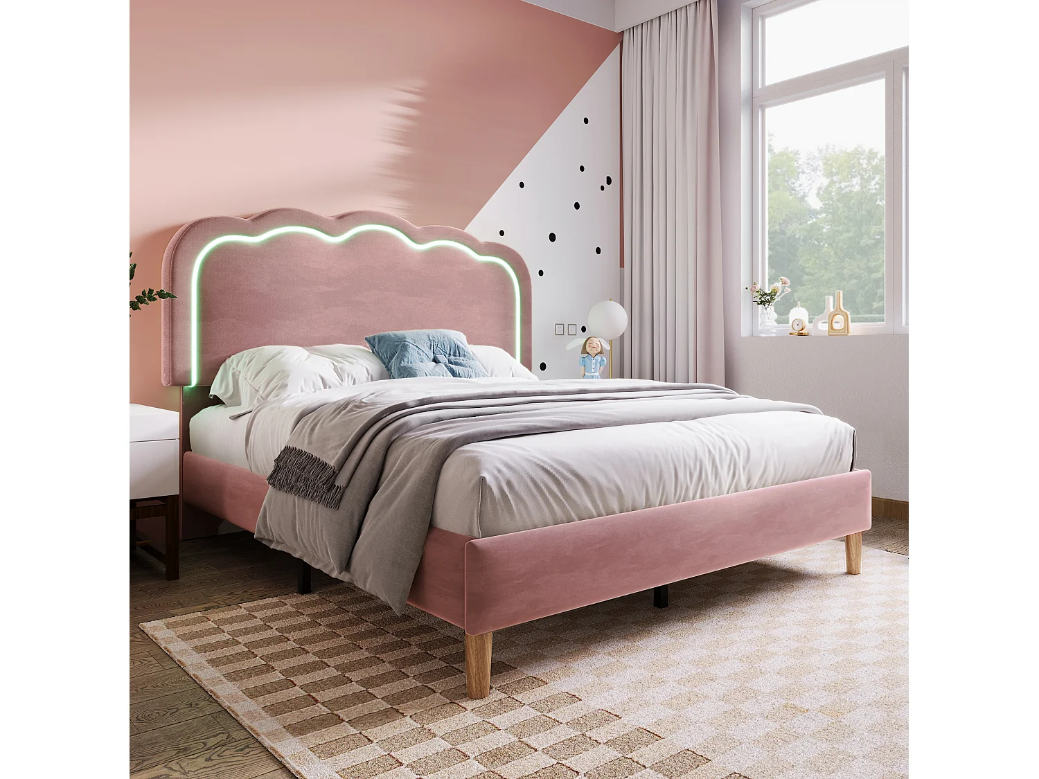 Cama de casal com luz 140x200 cm em veludo rosa – Cabeceira LED ajustável – Para quarto de adolescente ou de hóspedes (sem colchão)