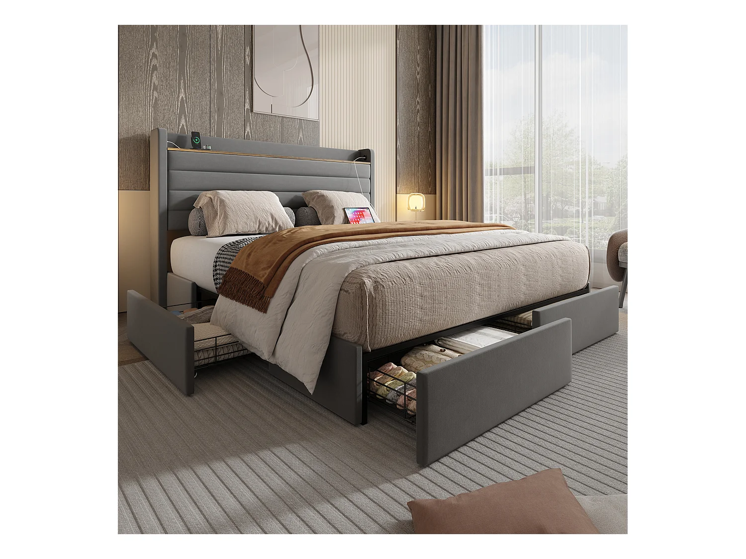 Lit adulte 140x200 cm avec 4 tiroirs de rangement et USB, velours gris, sans matelas