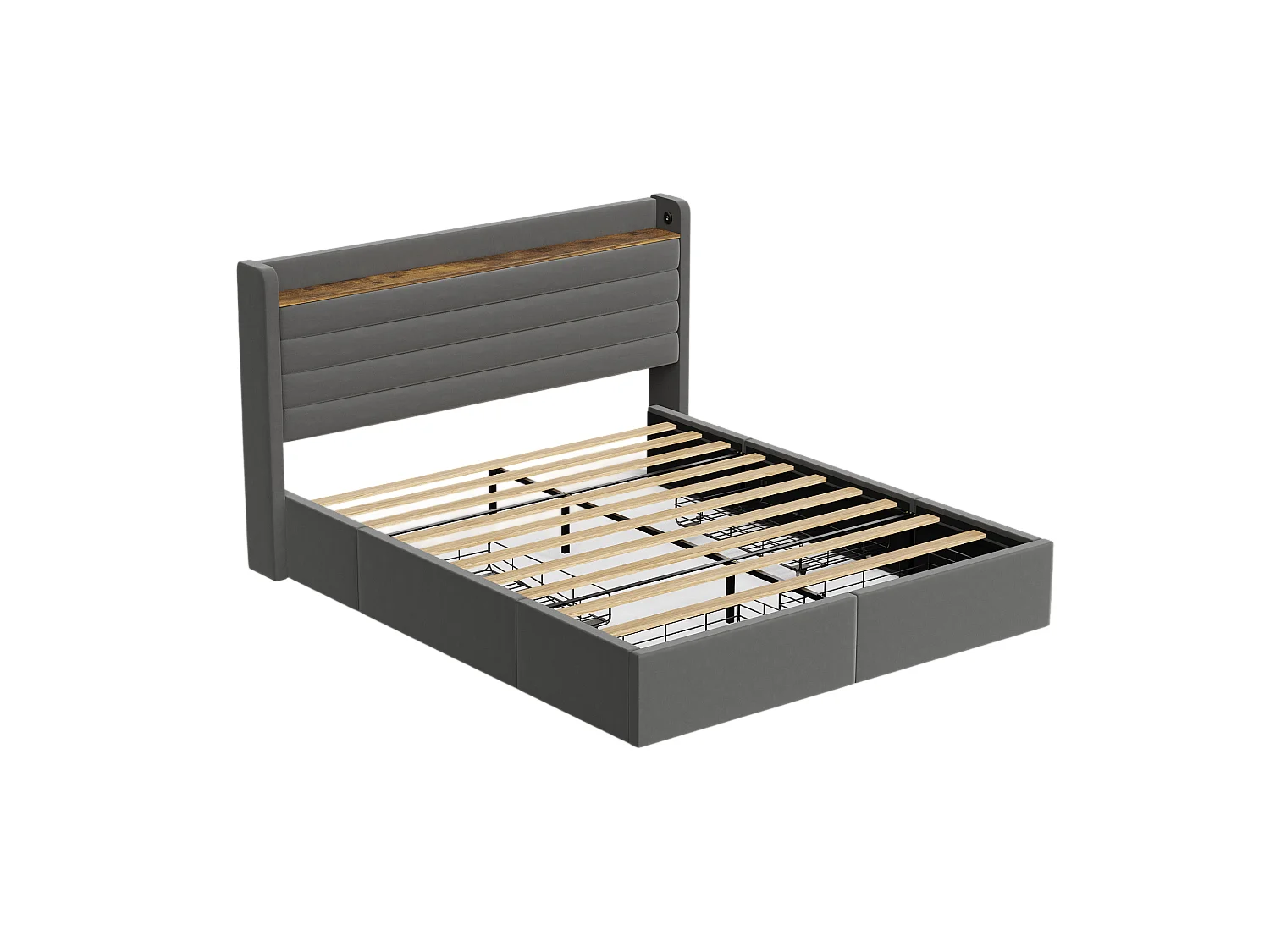 Lit adulte 140x200 cm avec 4 tiroirs de rangement et USB, velours gris, sans matelas