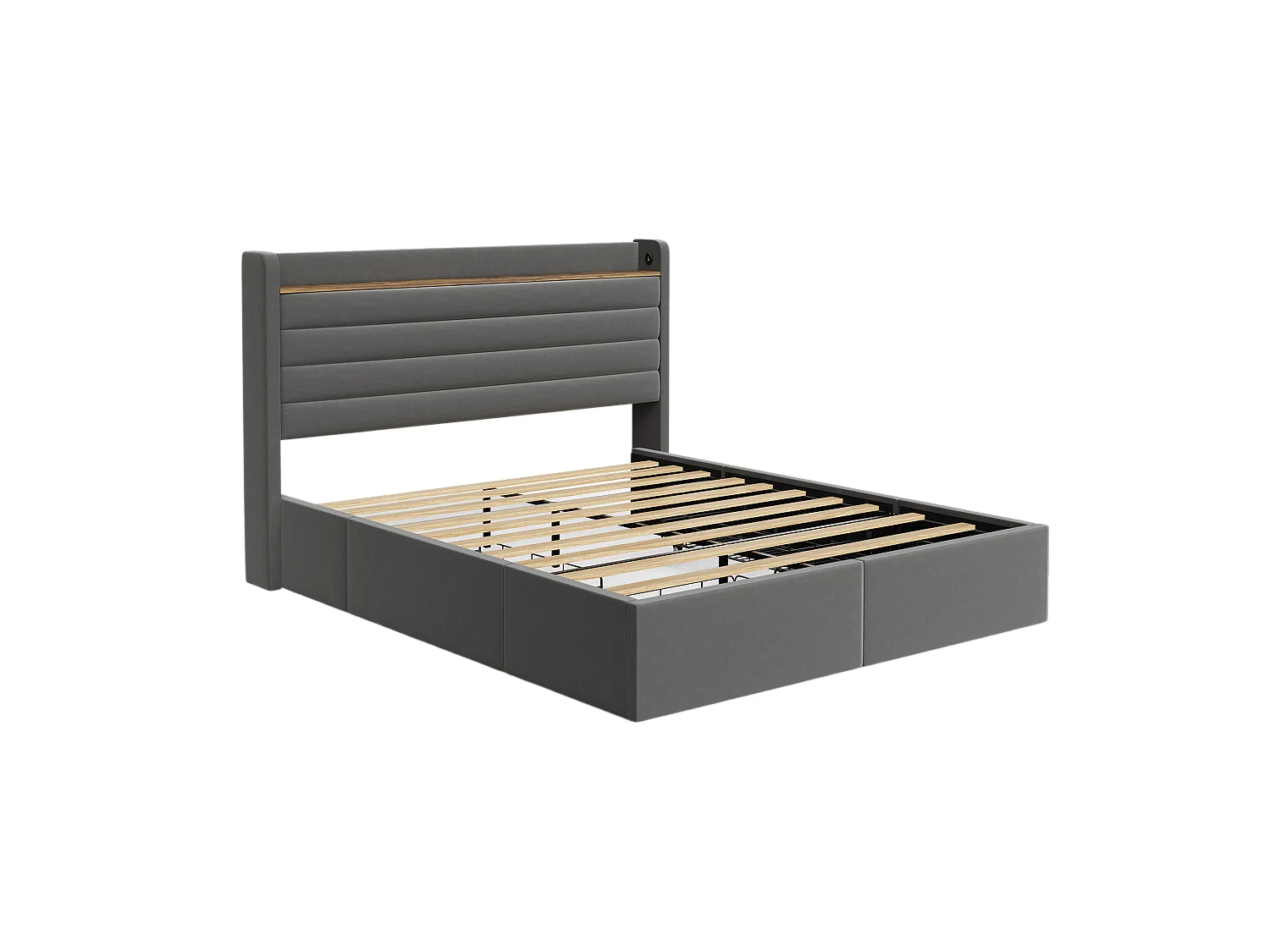 Lit adulte 140x200 cm avec 4 tiroirs de rangement et USB, velours gris, sans matelas