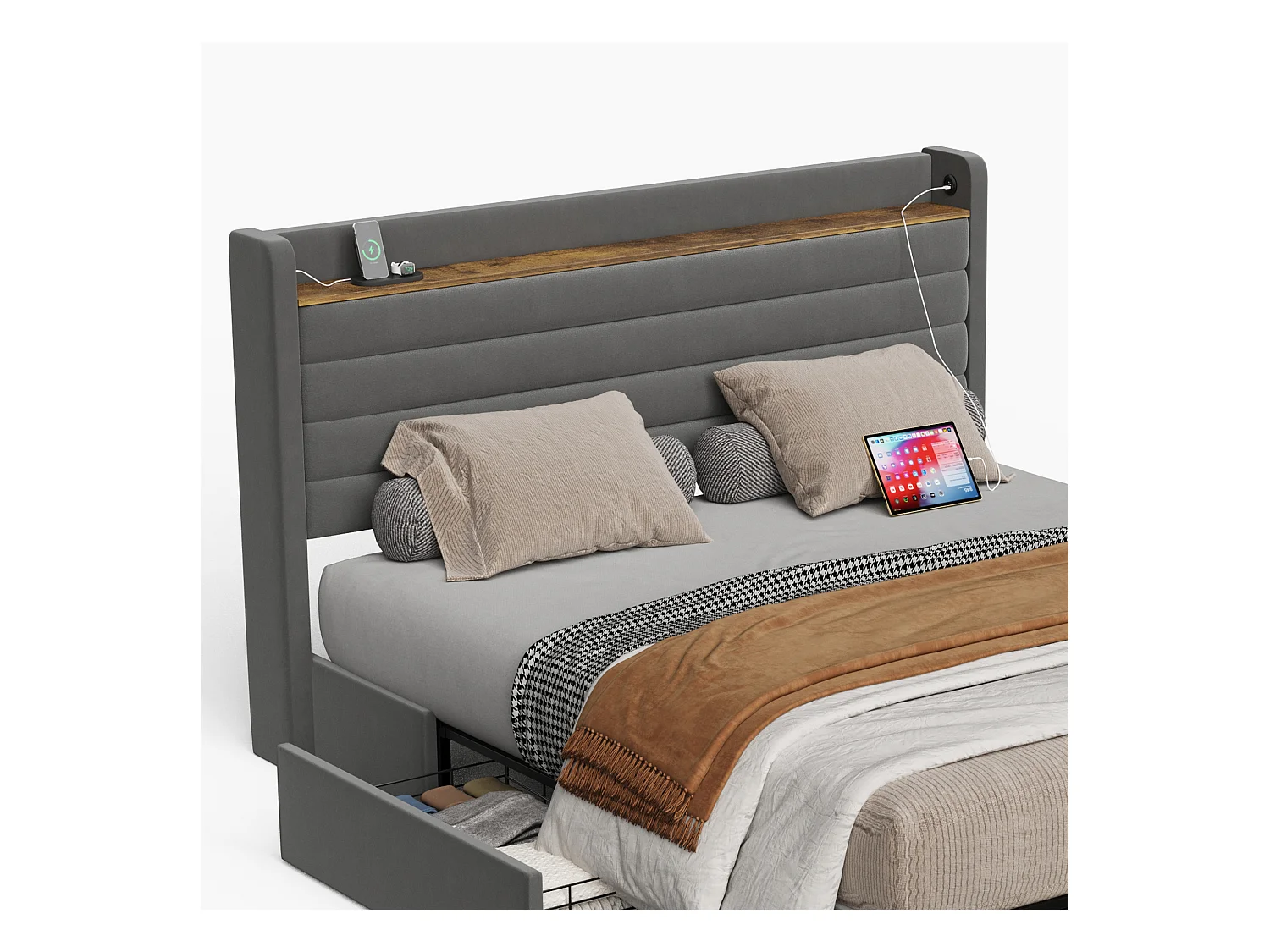 Lit adulte 140x200 cm avec 4 tiroirs de rangement et USB, velours gris, sans matelas