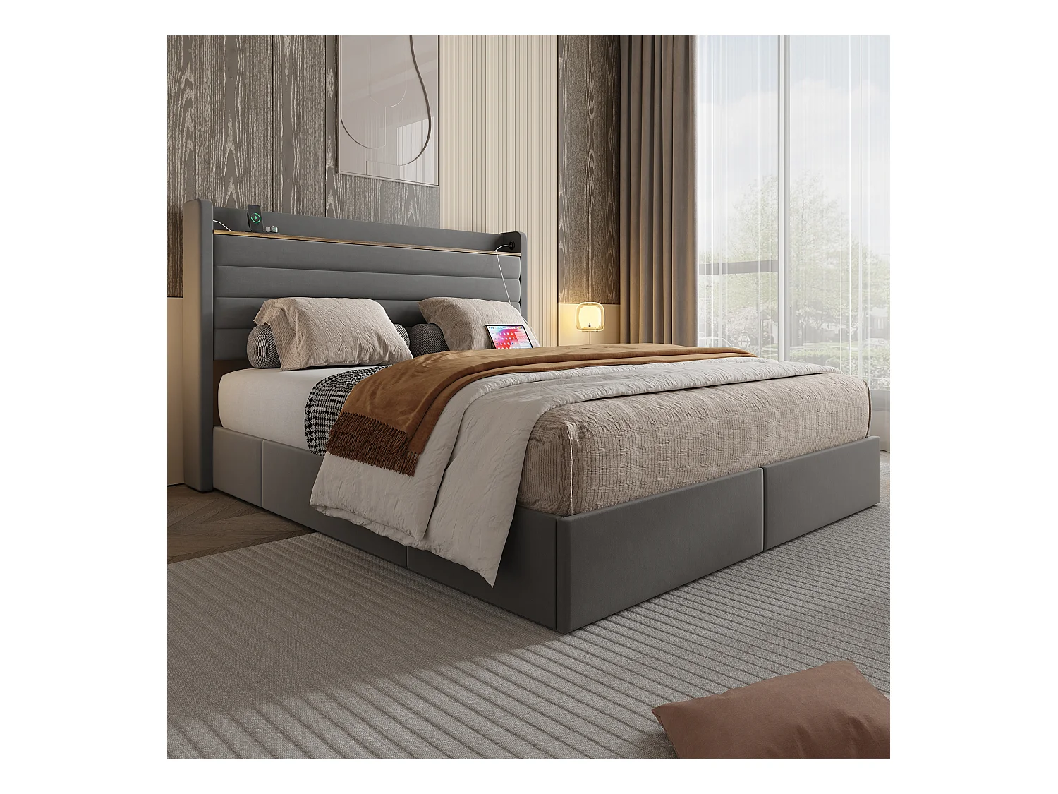 Lit adulte 140x200 cm avec 4 tiroirs de rangement et USB, velours gris, sans matelas