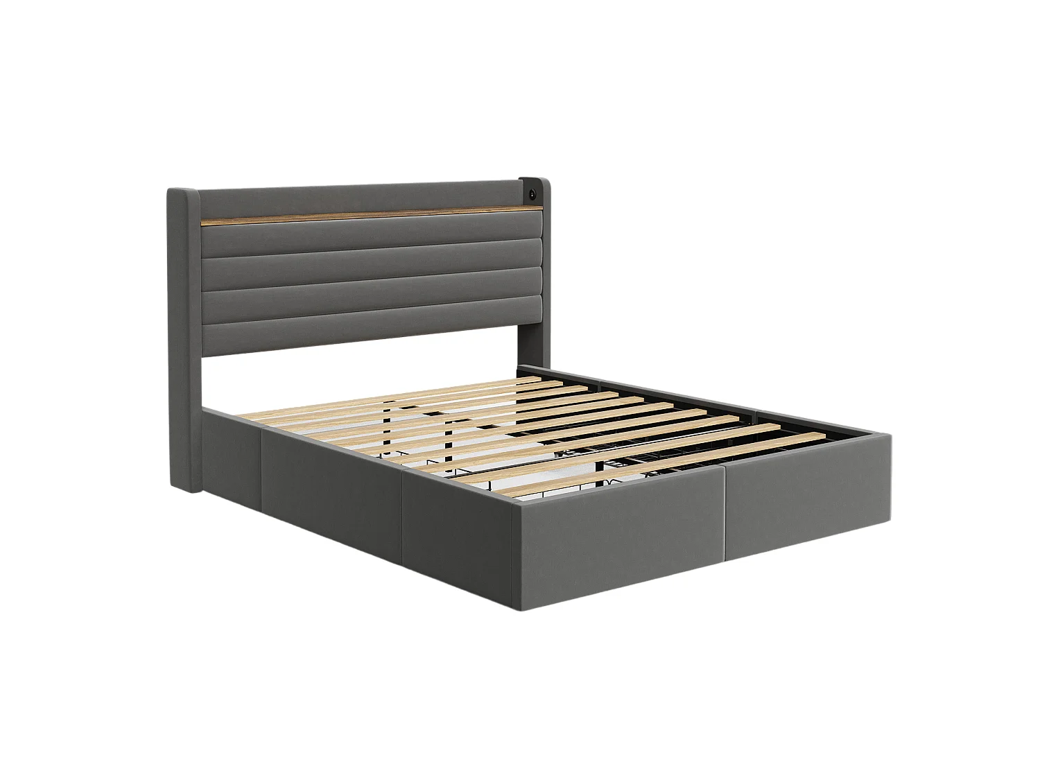 Estrutura de cama moderna 140x200 cm com 4 gavetas, cabeceira de veludo cinza com USB (sem colchão)