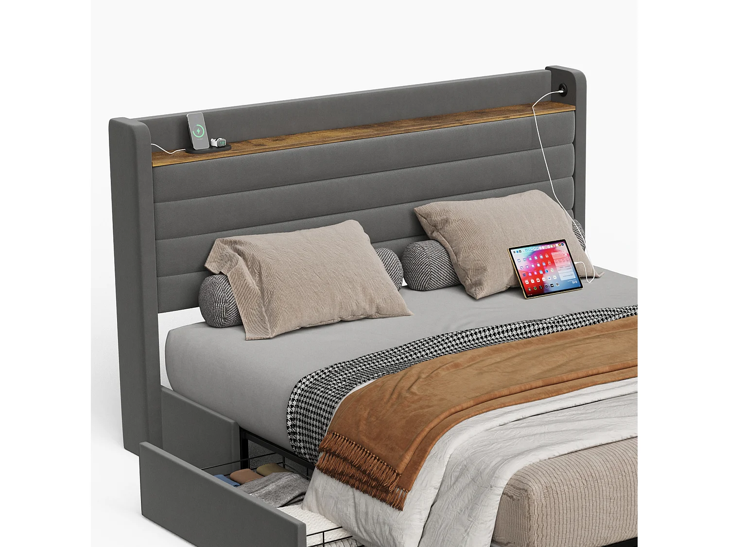 Estrutura de cama moderna 140x200 cm com 4 gavetas, cabeceira de veludo cinza com USB (sem colchão)