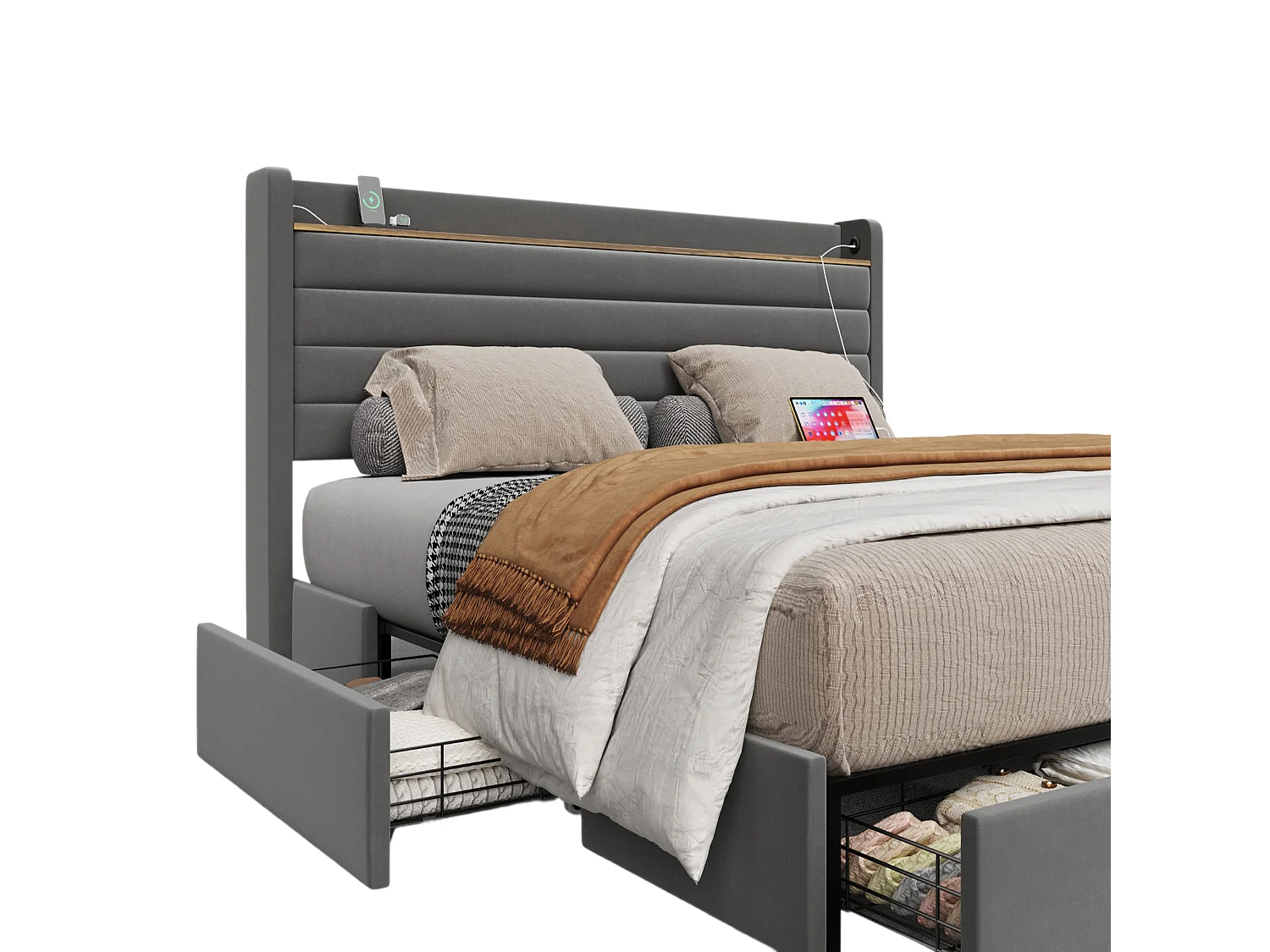 Estrutura de cama moderna 140x200 cm com 4 gavetas, cabeceira de veludo cinza com USB (sem colchão)