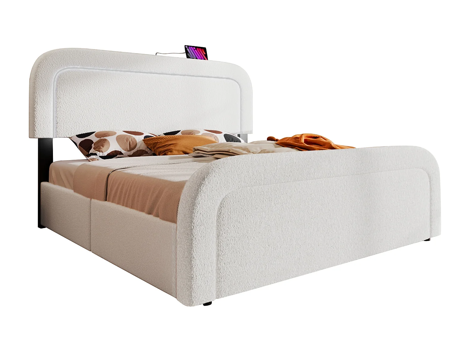 Cama dupla 140x200 cm com USB Type C, LED e 4 gavetas, cabeceira ajustável, Sherpa branco (sem colchão)