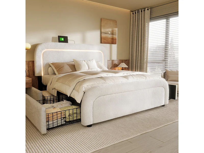 Cama dupla 140x200 cm com USB Type C, LED e 4 gavetas, cabeceira ajustável, Sherpa branco (sem colchão)