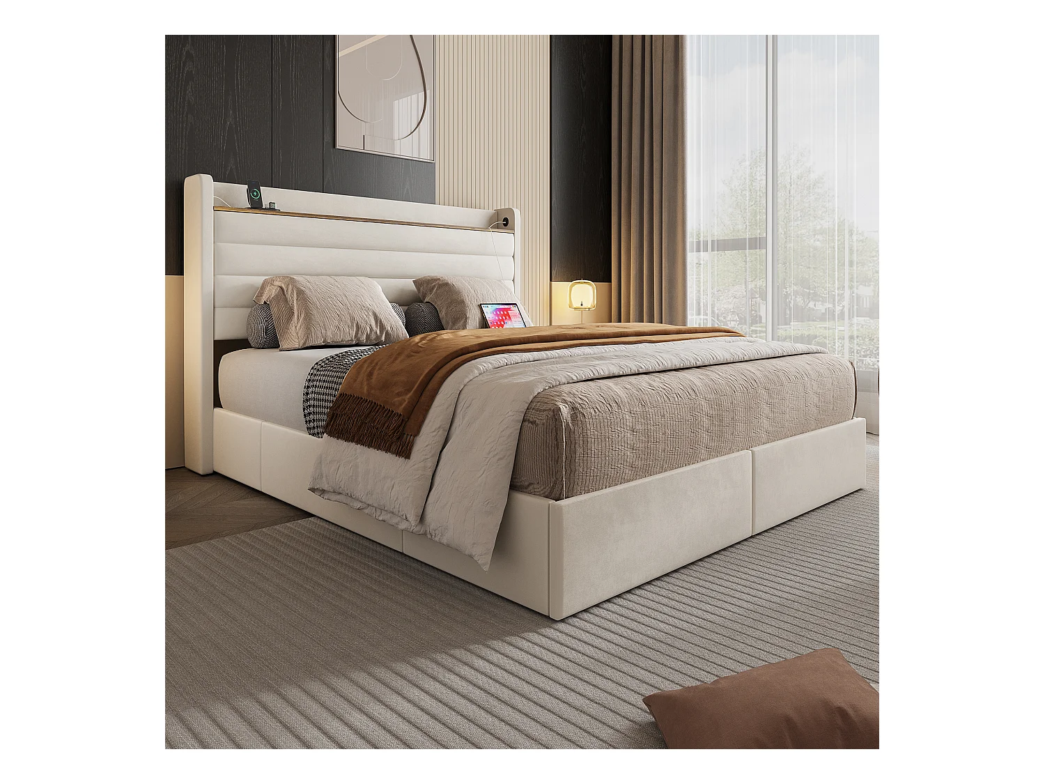 Lit adulte design 140x200 cm avec 4 tiroirs, Tête de lit velours beige avec USB(sans matelas)