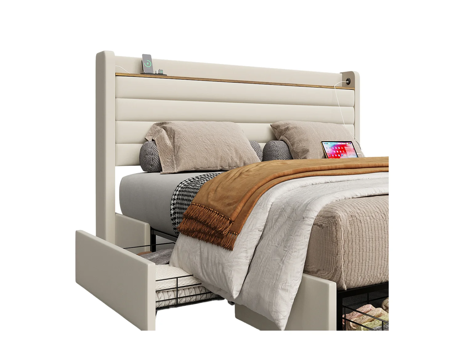 Lit adulte design 140x200 cm avec 4 tiroirs, Tête de lit velours beige avec USB(sans matelas)