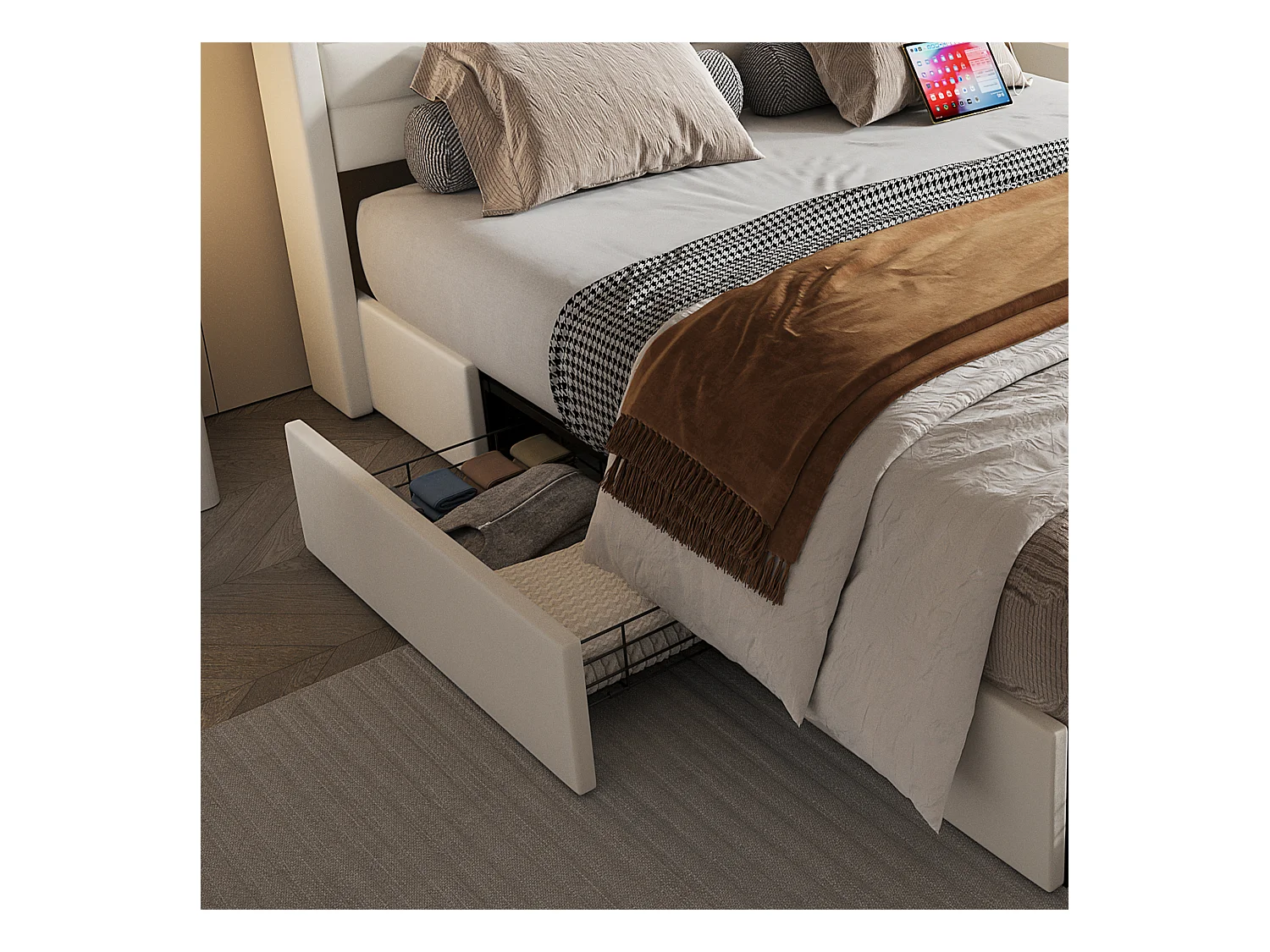 Lit adulte design 140x200 cm avec 4 tiroirs, Tête de lit velours beige avec USB(sans matelas)