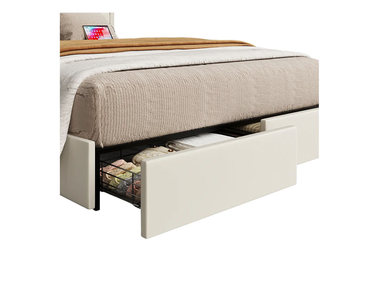 Lit adulte design 140x200 cm avec 4 tiroirs, Tête de lit velours beige avec USB(sans matelas)