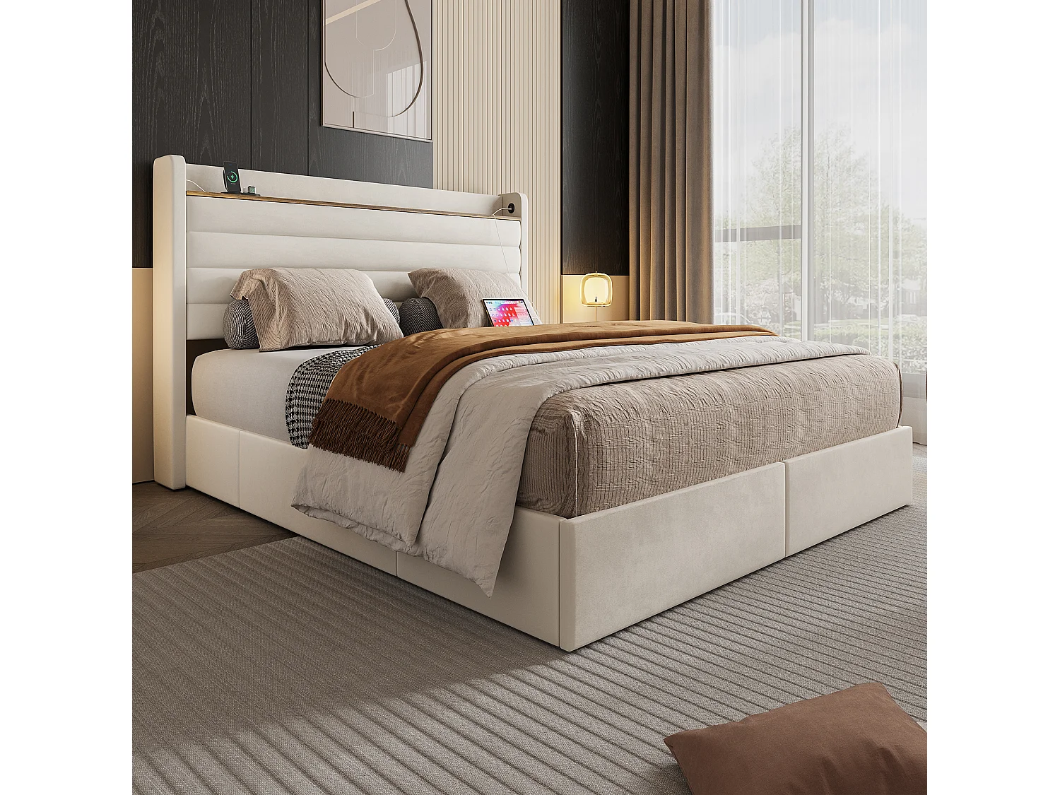 Lit adulte design 140x200 cm avec 4 tiroirs, Tête de lit velours beige avec USB(sans matelas)