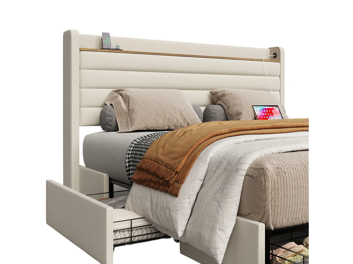 Lit adulte design 140x200 cm avec 4 tiroirs, Tête de lit velours beige avec USB(sans matelas)