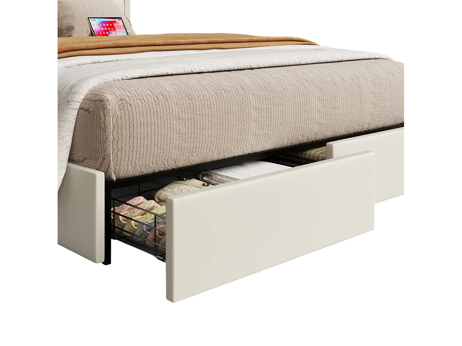 Cama de casal design 140x200 cm - cabeceira de veludo bege com USB e arrumação (sem colchão)