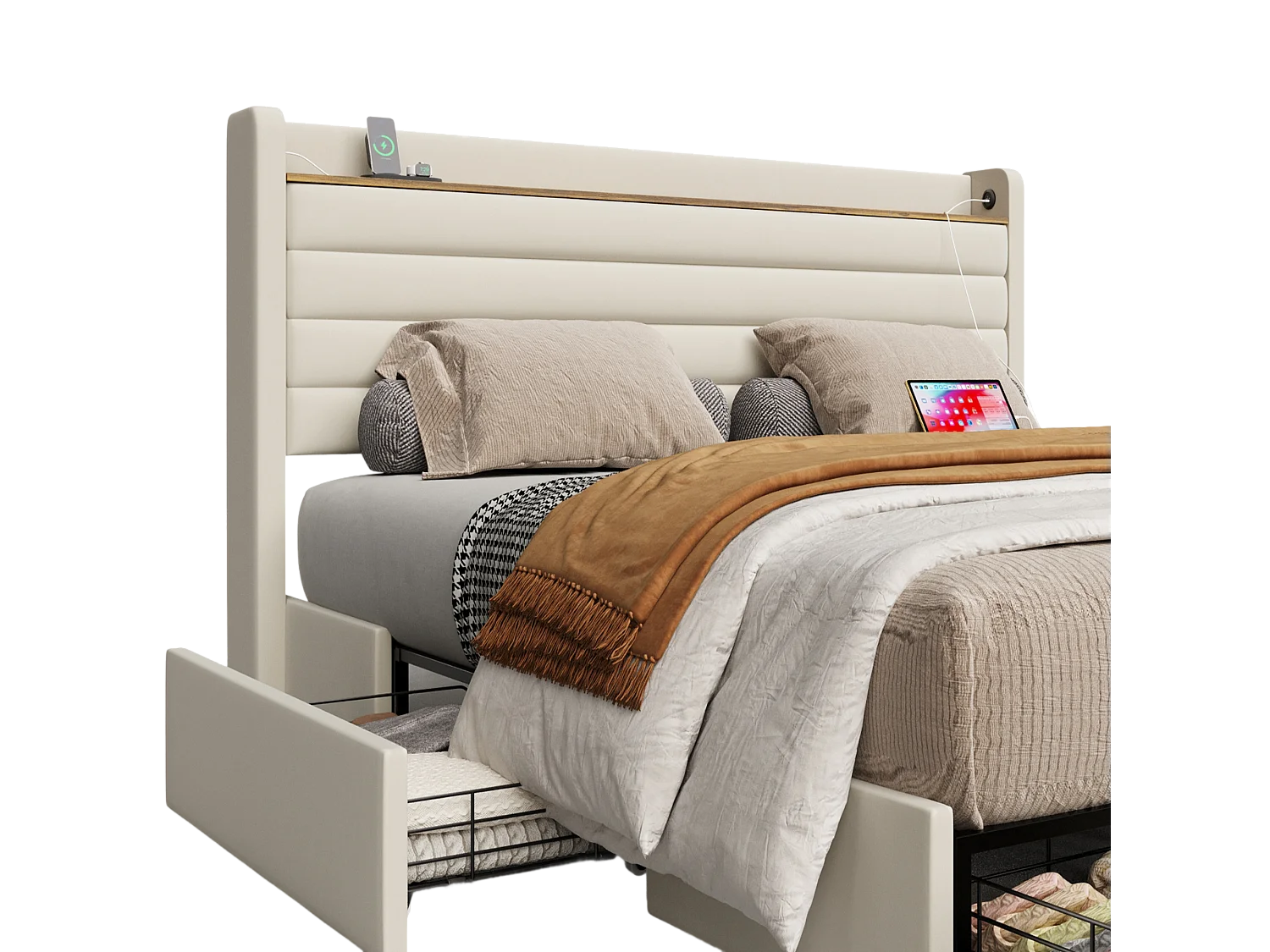 Design tweepersoonsbed 140x200 cm - beige fluwelen hoofdbord met USB & opbergruimte (zonder matras)
