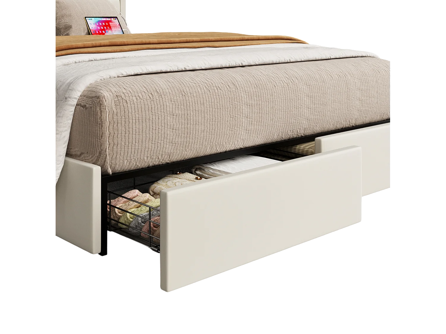 Design tweepersoonsbed 140x200 cm - beige fluwelen hoofdbord met USB & opbergruimte (zonder matras)