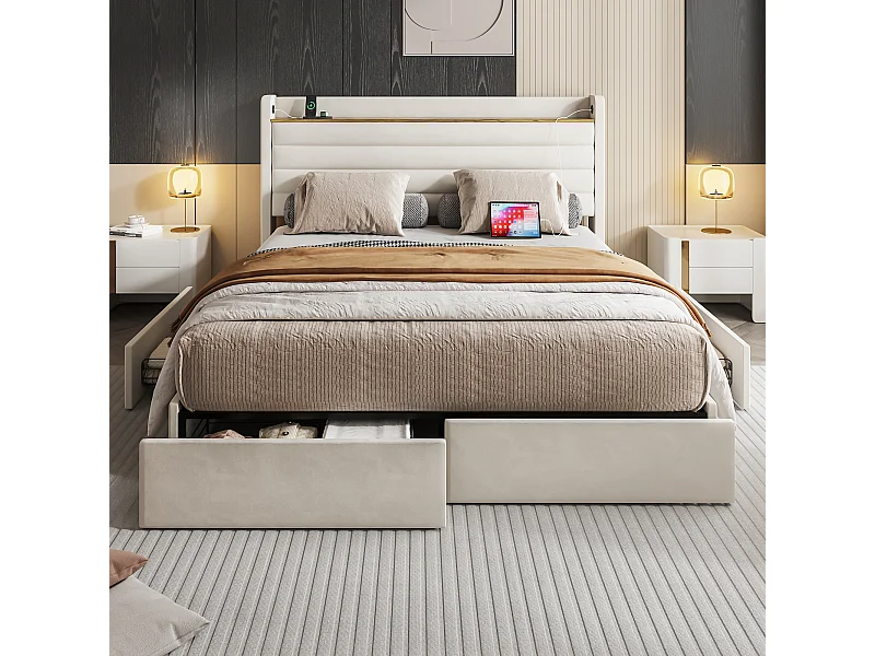 Design tweepersoonsbed 140x200 cm - beige fluwelen hoofdbord met USB & opbergruimte (zonder matras)