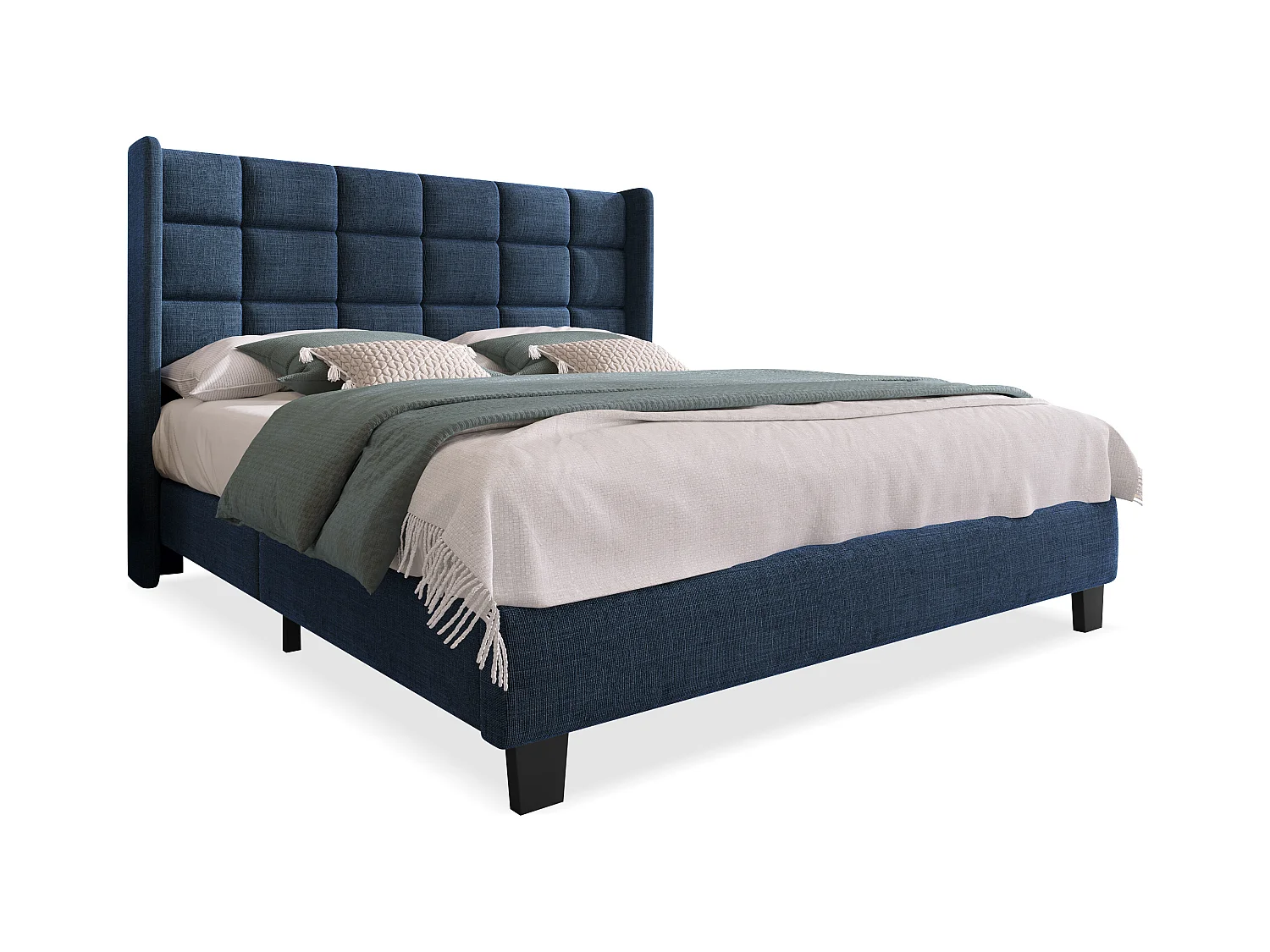 Letto matrimoniale 140x200 cm in lino blu - Testiera imbottita - Rete a doghe (senza materasso)