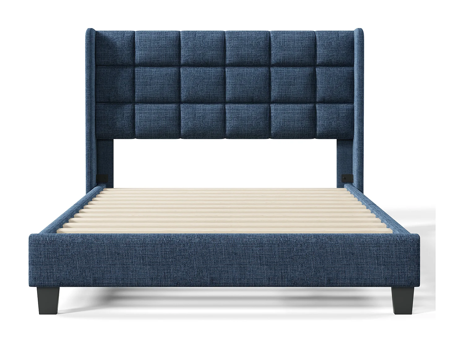 Letto matrimoniale 140x200 cm in lino blu - Testiera imbottita - Rete a doghe (senza materasso)