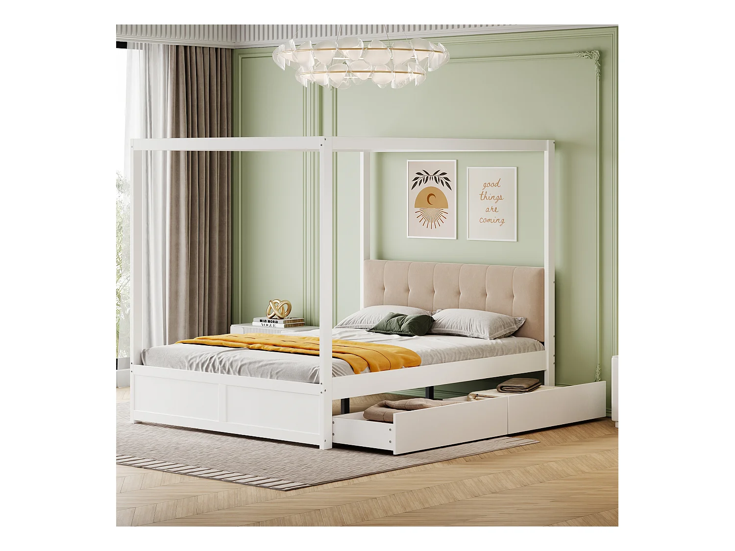 Hemelbed 140x200 cm met grote lades en gevoerd hoofdbord, witte houten constructie (zonder matras)