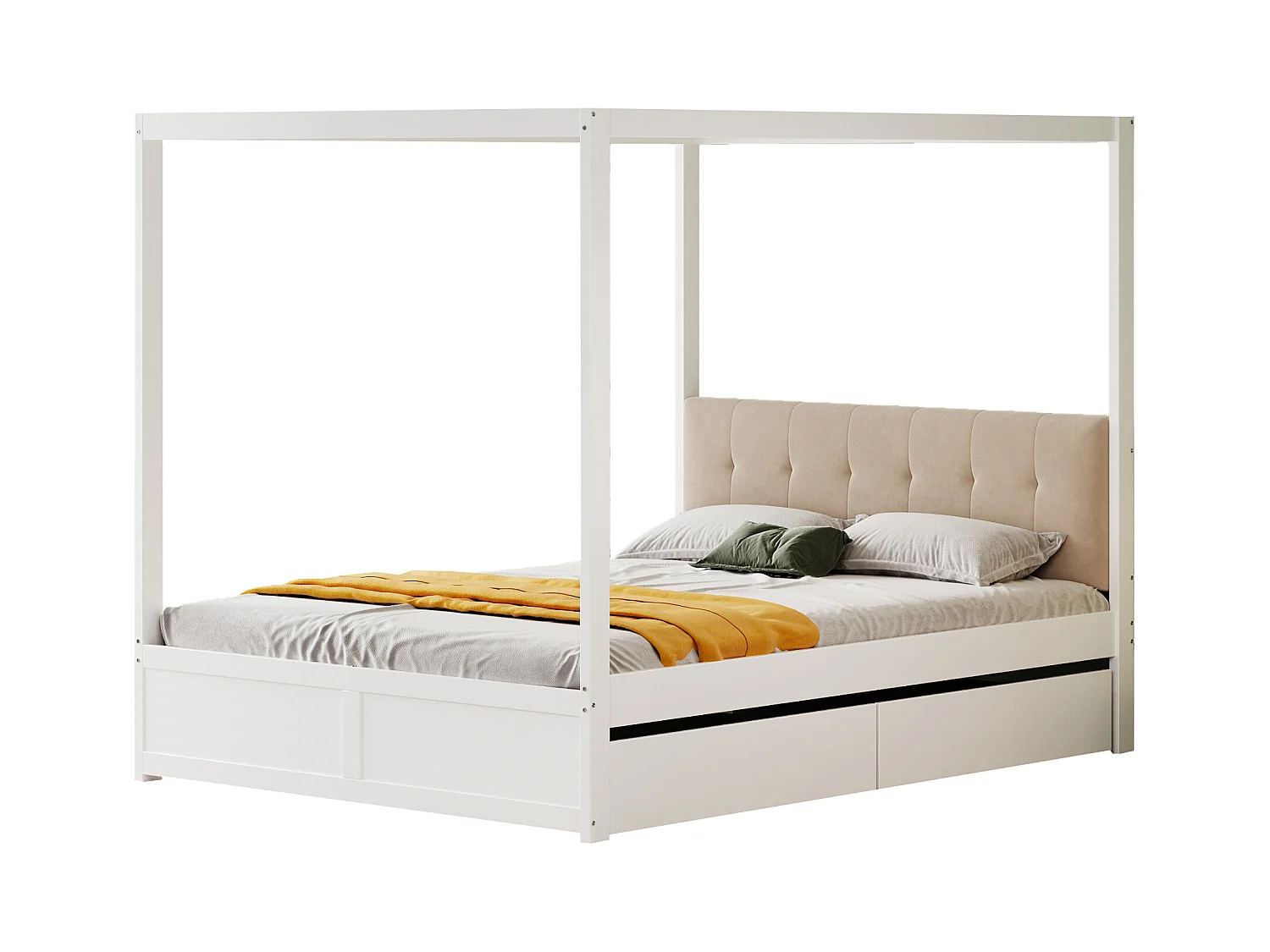 Hemelbed 140x200 cm met grote lades en gevoerd hoofdbord, witte houten constructie (zonder matras)