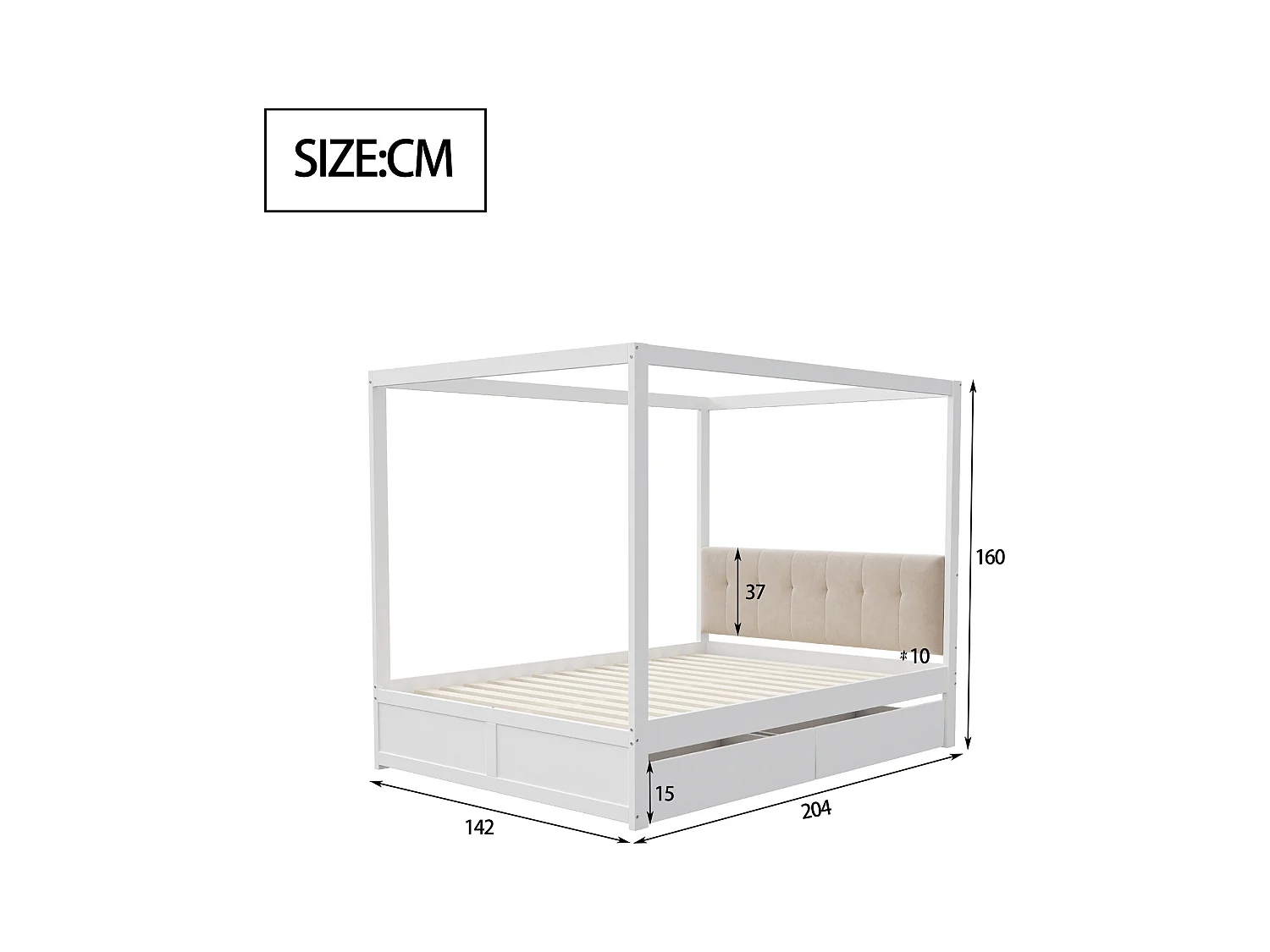 Hemelbed 140x200 cm met grote lades en gevoerd hoofdbord, witte houten constructie (zonder matras)