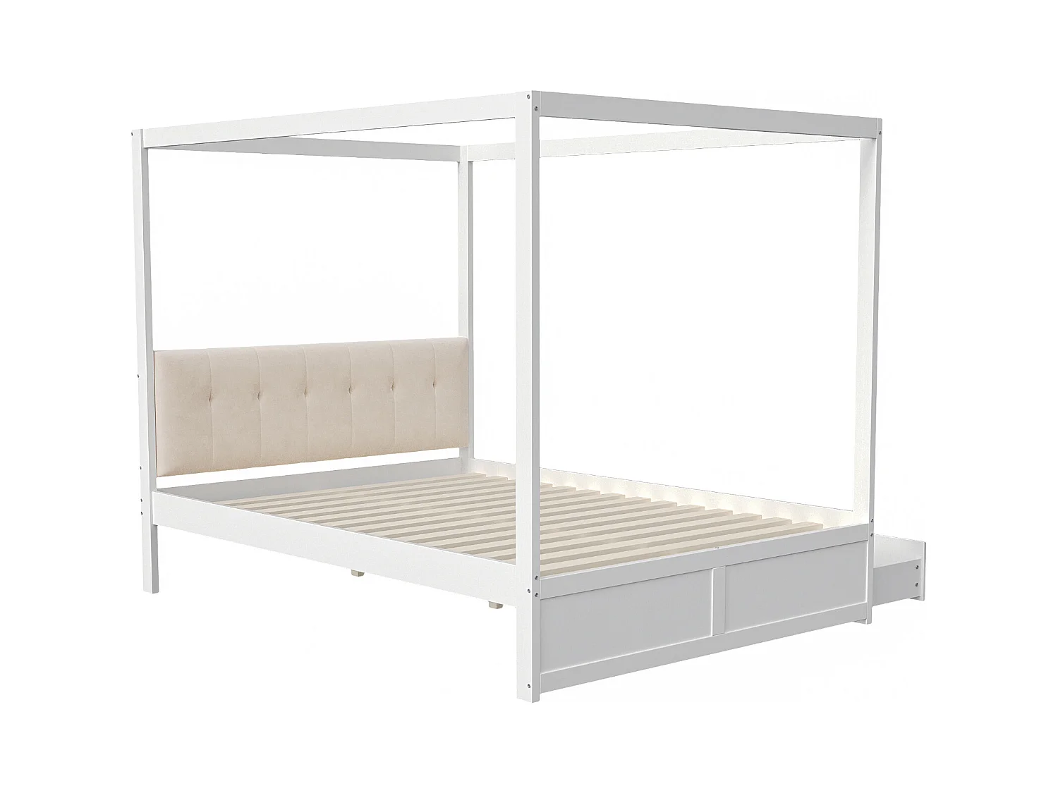 Hemelbed 140x200 cm met grote lades en gevoerd hoofdbord, witte houten constructie (zonder matras)