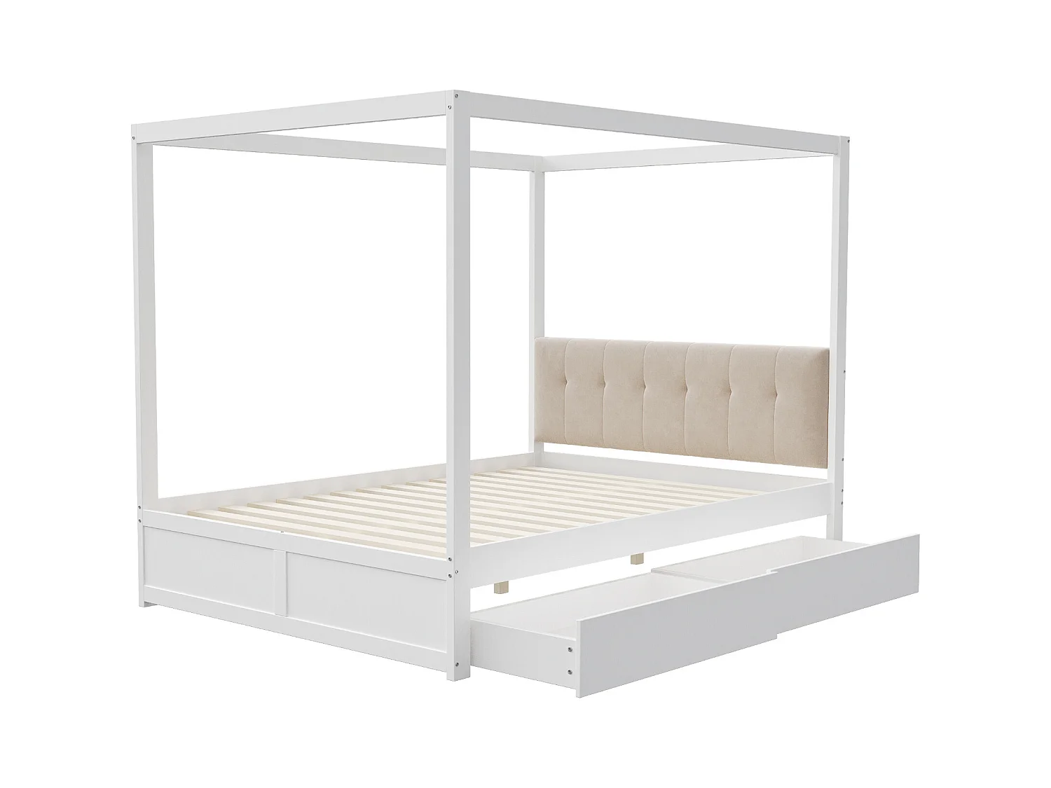 Hemelbed 140x200 cm met grote lades en gevoerd hoofdbord, witte houten constructie (zonder matras)