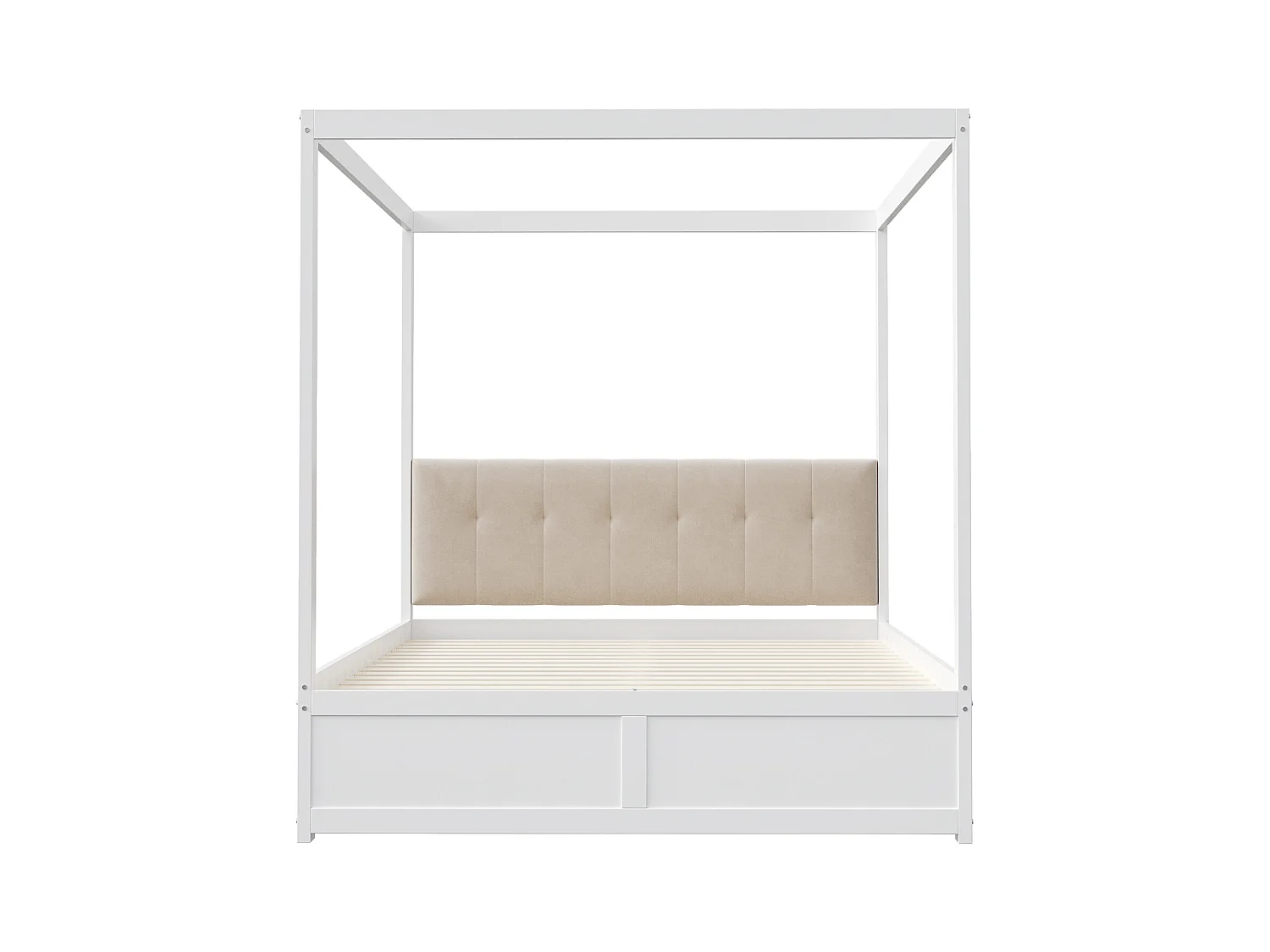 Hemelbed 140x200 cm met grote lades en gevoerd hoofdbord, witte houten constructie (zonder matras)