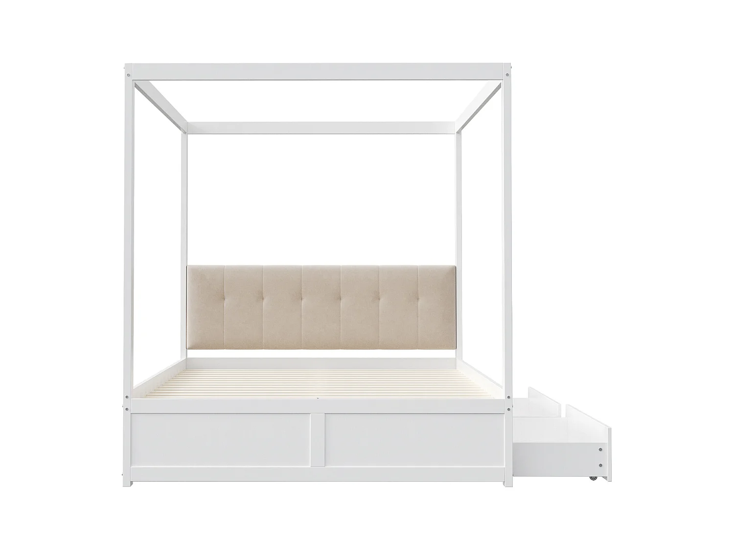 Hemelbed 140x200 cm met grote lades en gevoerd hoofdbord, witte houten constructie (zonder matras)