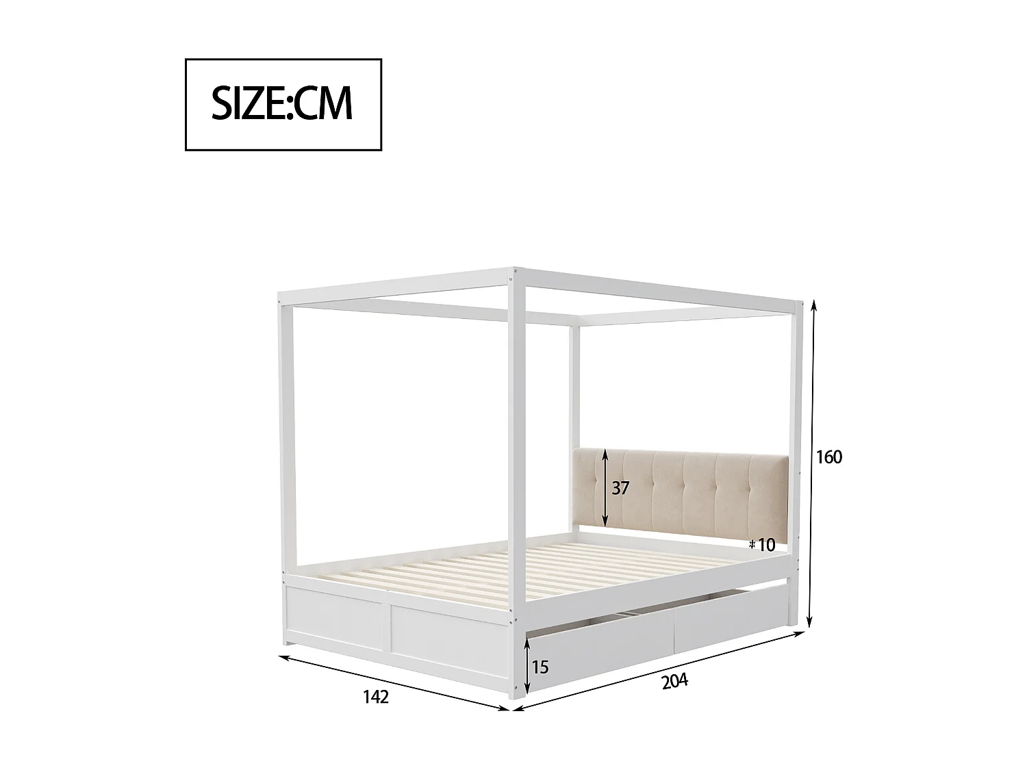 Lit baldaquin 140x200 cm avec 2 tiroirs et dossier rembourré, bois Blanc(sans matelas)