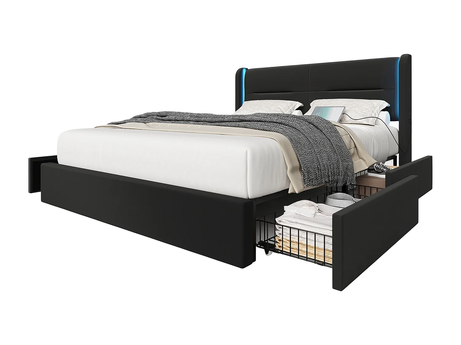 Lit adulte 140x200 cm avec 4 tiroirs de rangement,  LED, velours Noir, sans matelas