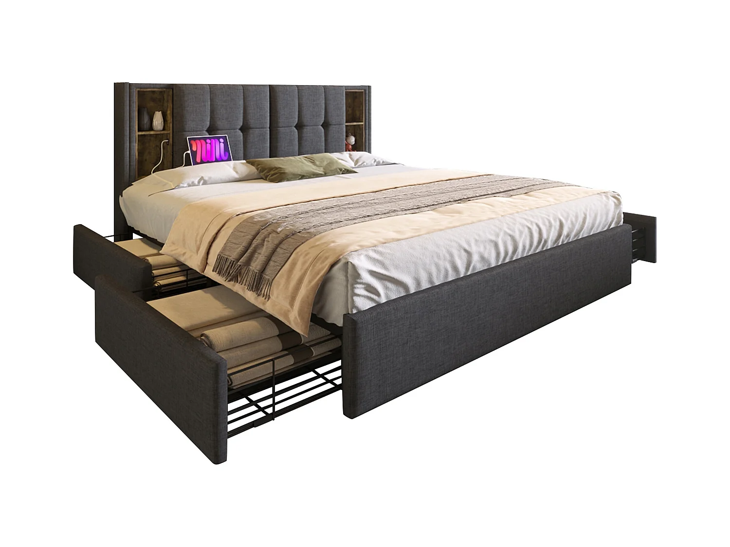 Lit adulte 160x200 cm avec 4 tiroirs, chargement USB sans fil, cadre en lin gris avec sommier en bois (sans matelas)
