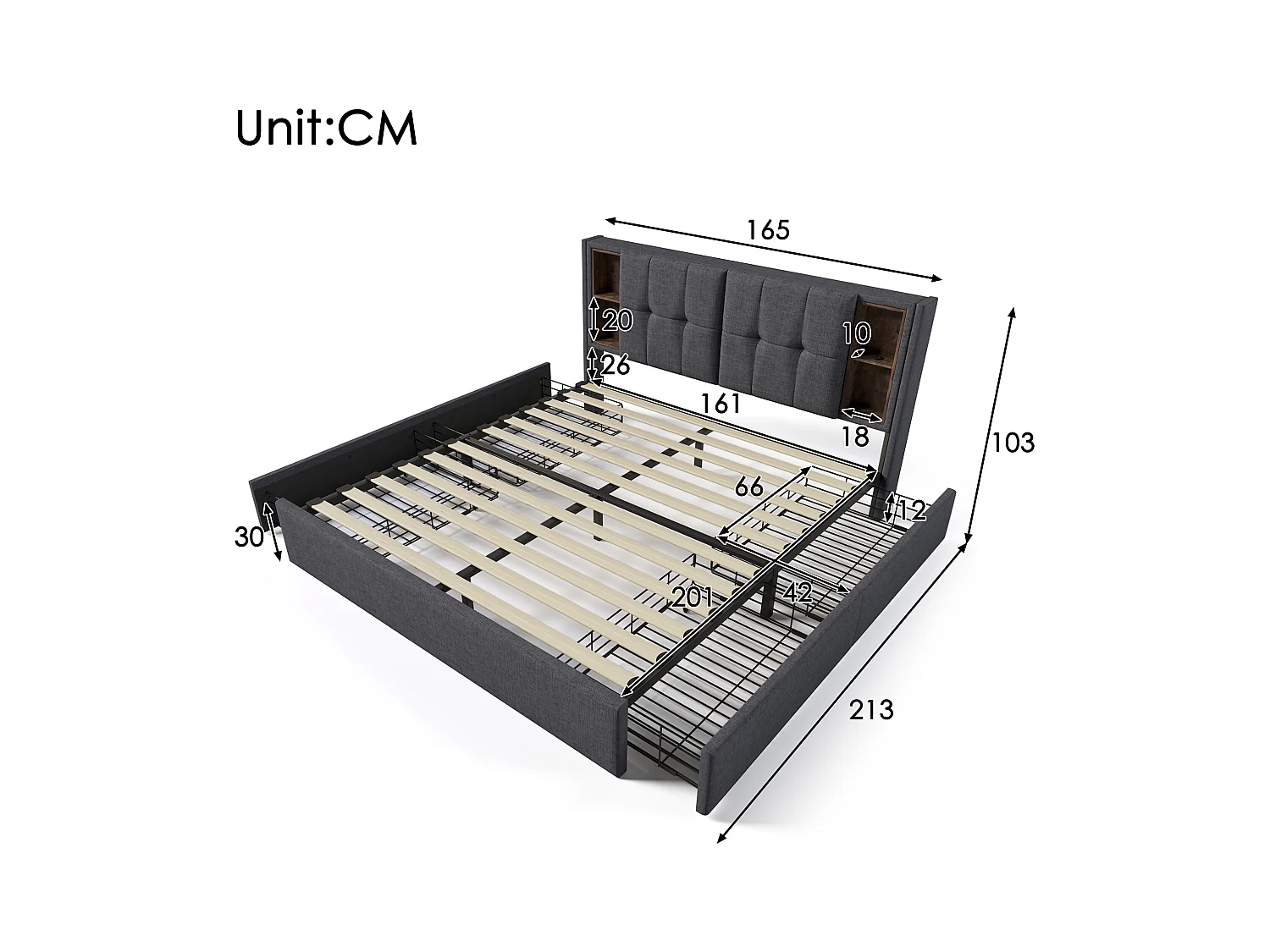 Lit adulte 160x200 cm avec 4 tiroirs, chargement USB sans fil, cadre en lin gris avec sommier en bois (sans matelas)