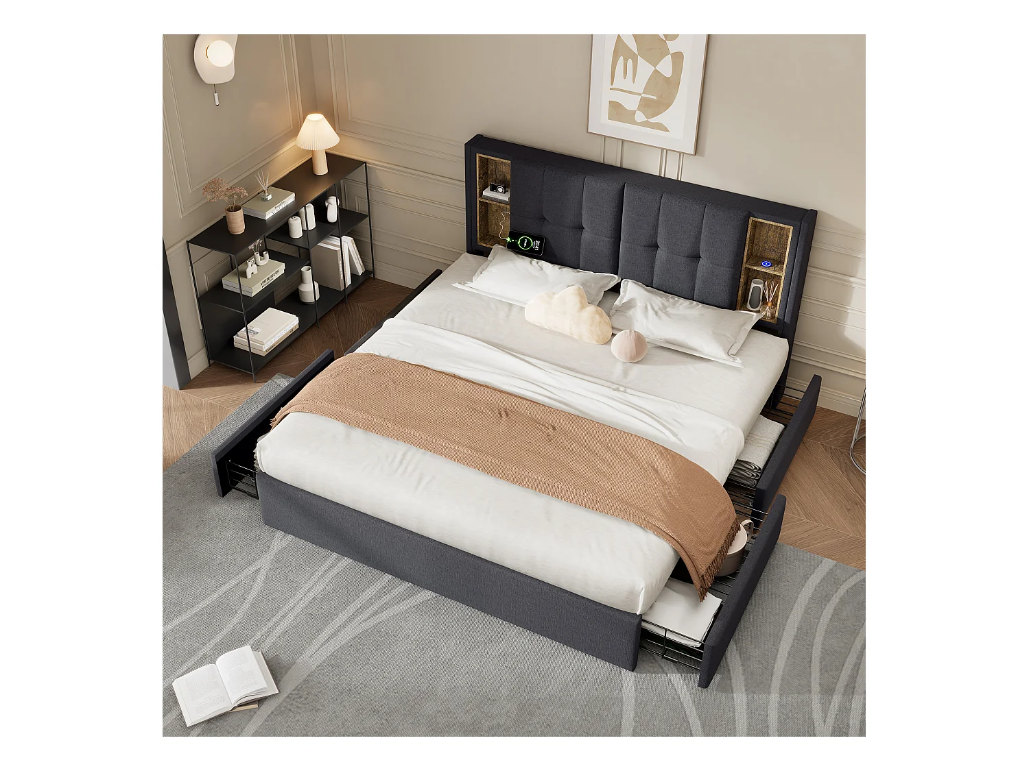 Lit adulte 160x200 cm avec 4 tiroirs, chargement USB sans fil, cadre en lin gris avec sommier en bois (sans matelas)