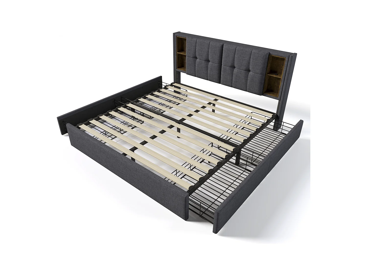 Lit adulte 160x200 cm avec 4 tiroirs, chargement USB sans fil, cadre en lin gris avec sommier en bois (sans matelas)