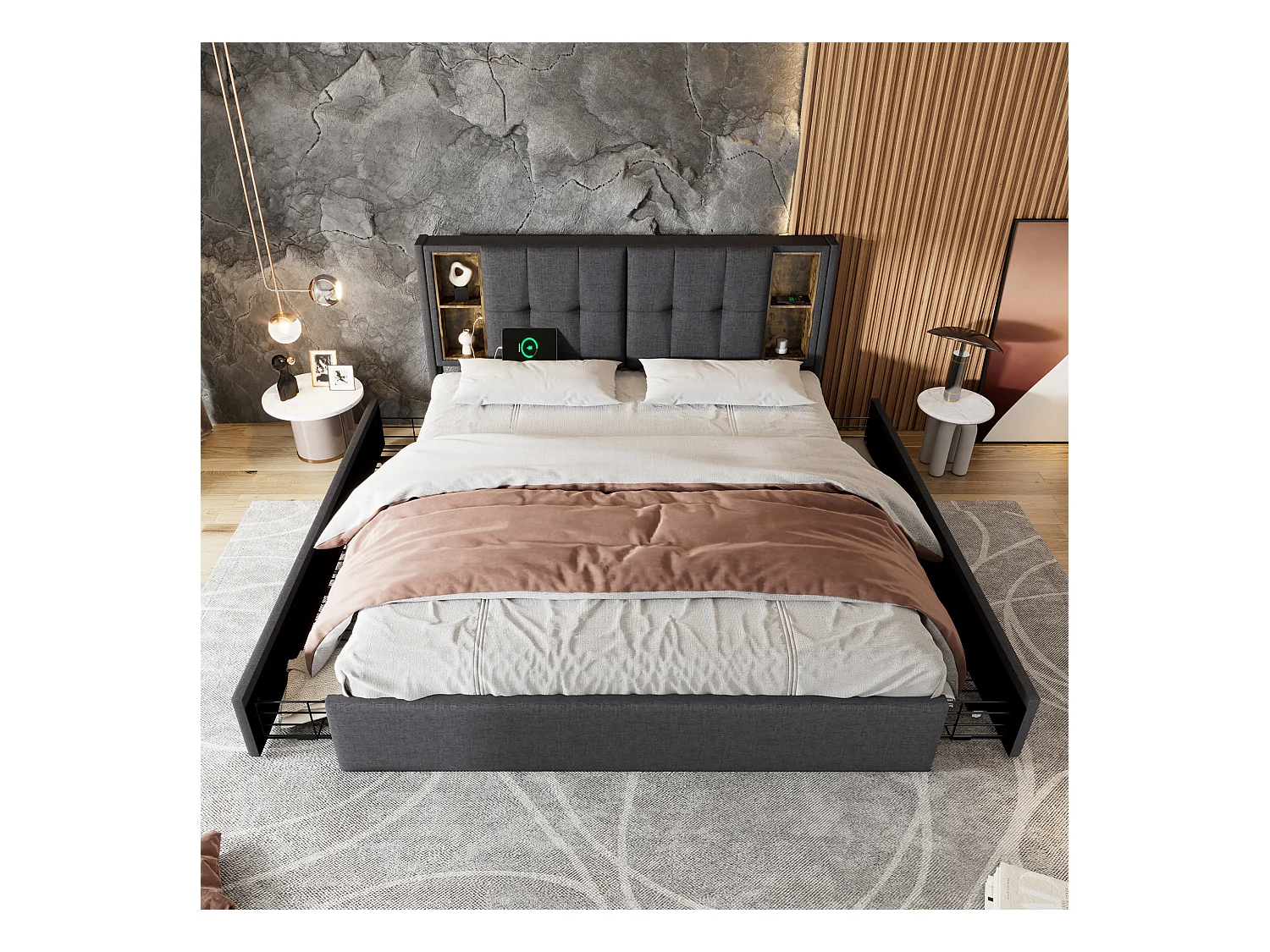 Lit adulte 160x200 cm avec 4 tiroirs, chargement USB sans fil, cadre en lin gris avec sommier en bois (sans matelas)