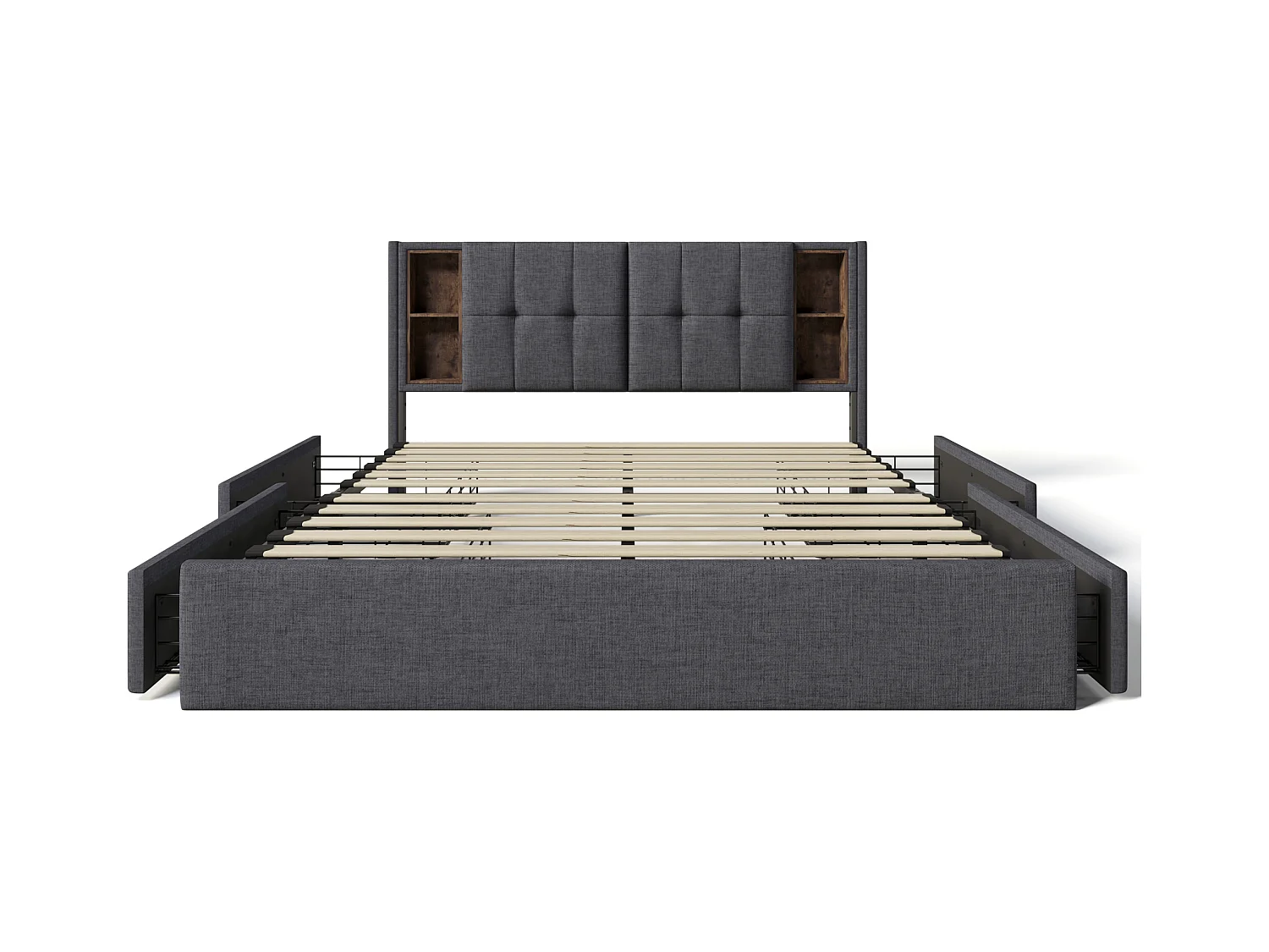 Lit adulte 160x200 cm avec 4 tiroirs, chargement USB sans fil, cadre en lin gris avec sommier en bois (sans matelas)
