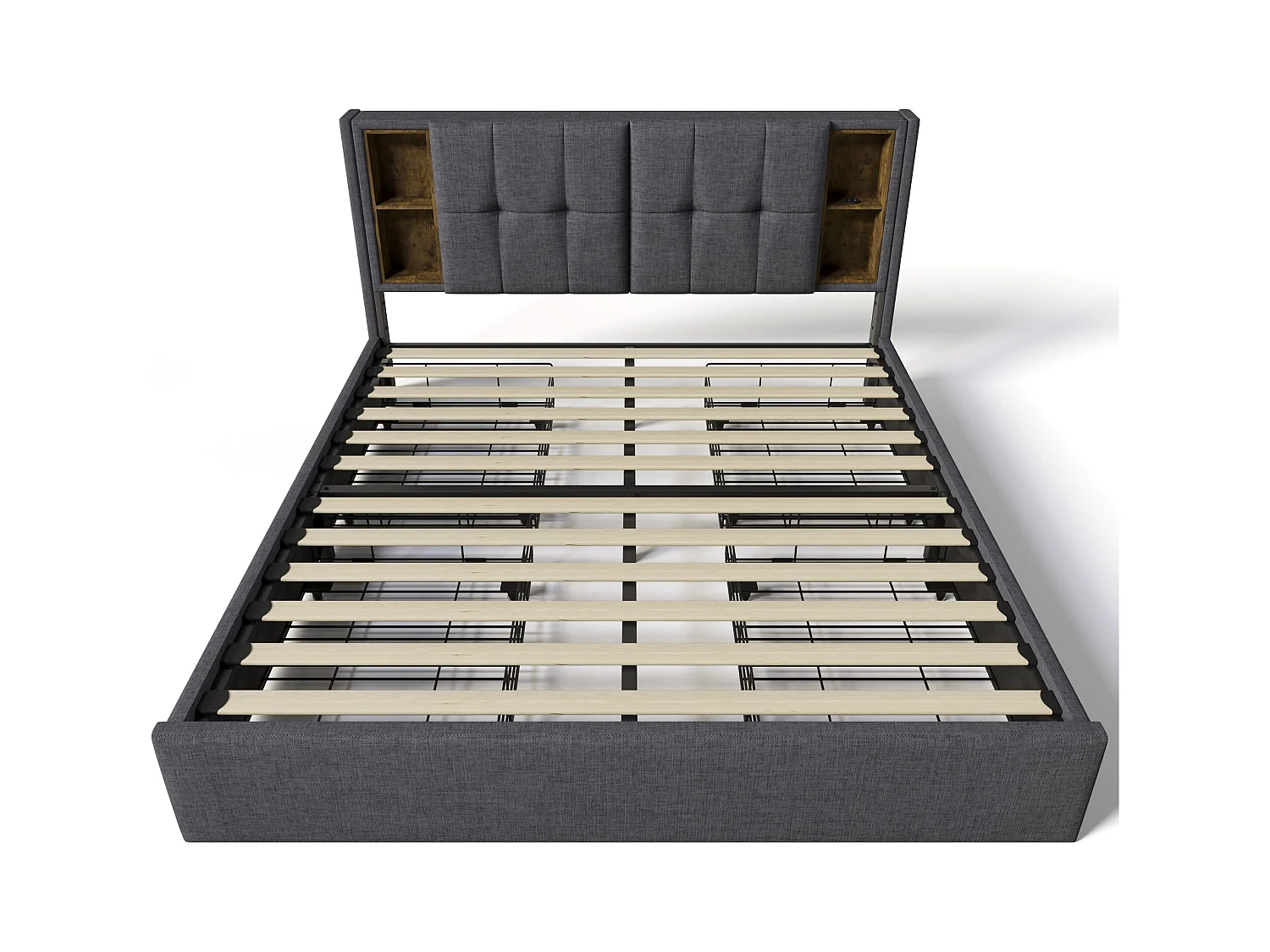 Lit adulte 160x200 cm avec 4 tiroirs, chargement USB sans fil, cadre en lin gris avec sommier en bois (sans matelas)