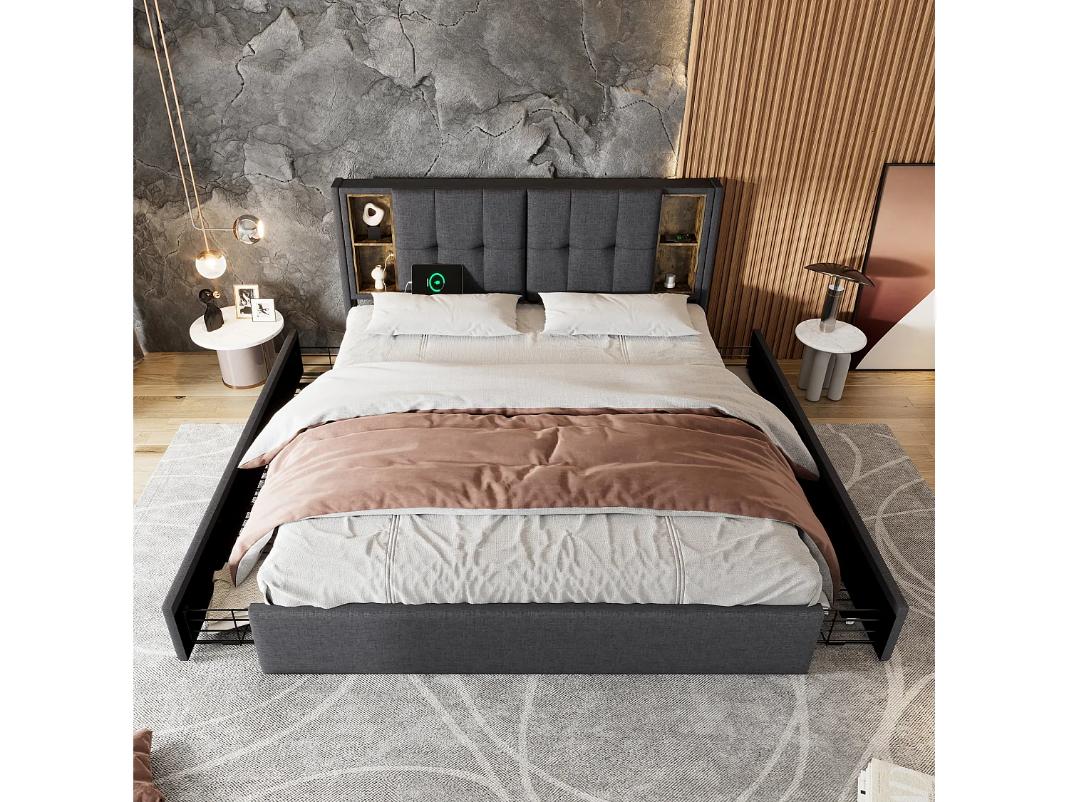 Tweepersoonsbed 160x200 cm met 4 lades, draadloos USB-opladen, grijs linnen frame met houten lattenbodem (zonder matras)