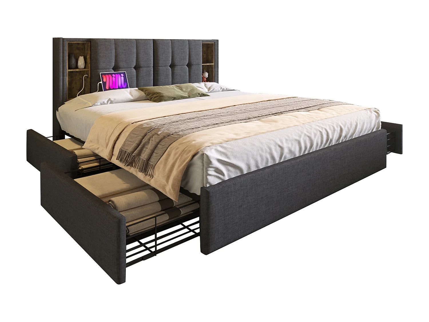 Tweepersoonsbed 160x200 cm met 4 lades, draadloos USB-opladen, grijs linnen frame met houten lattenbodem (zonder matras)