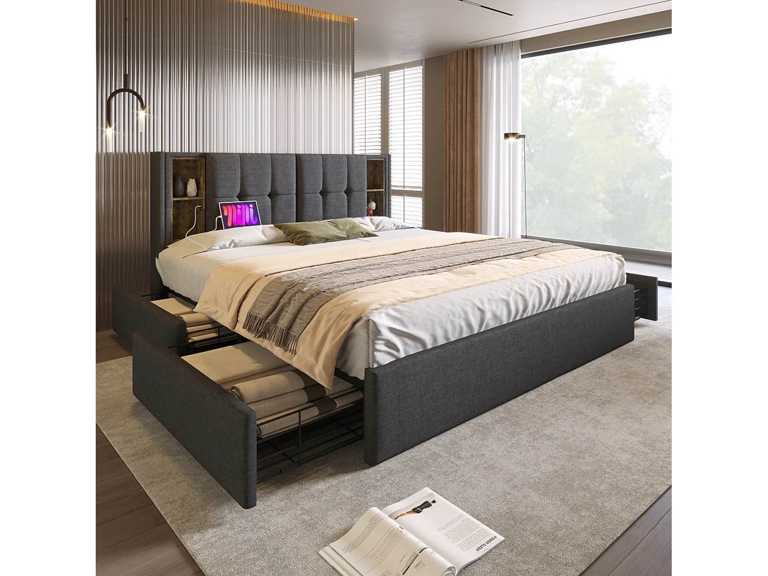 Tweepersoonsbed 160x200 cm met 4 lades, draadloos USB-opladen, grijs linnen frame met houten lattenbodem (zonder matras)